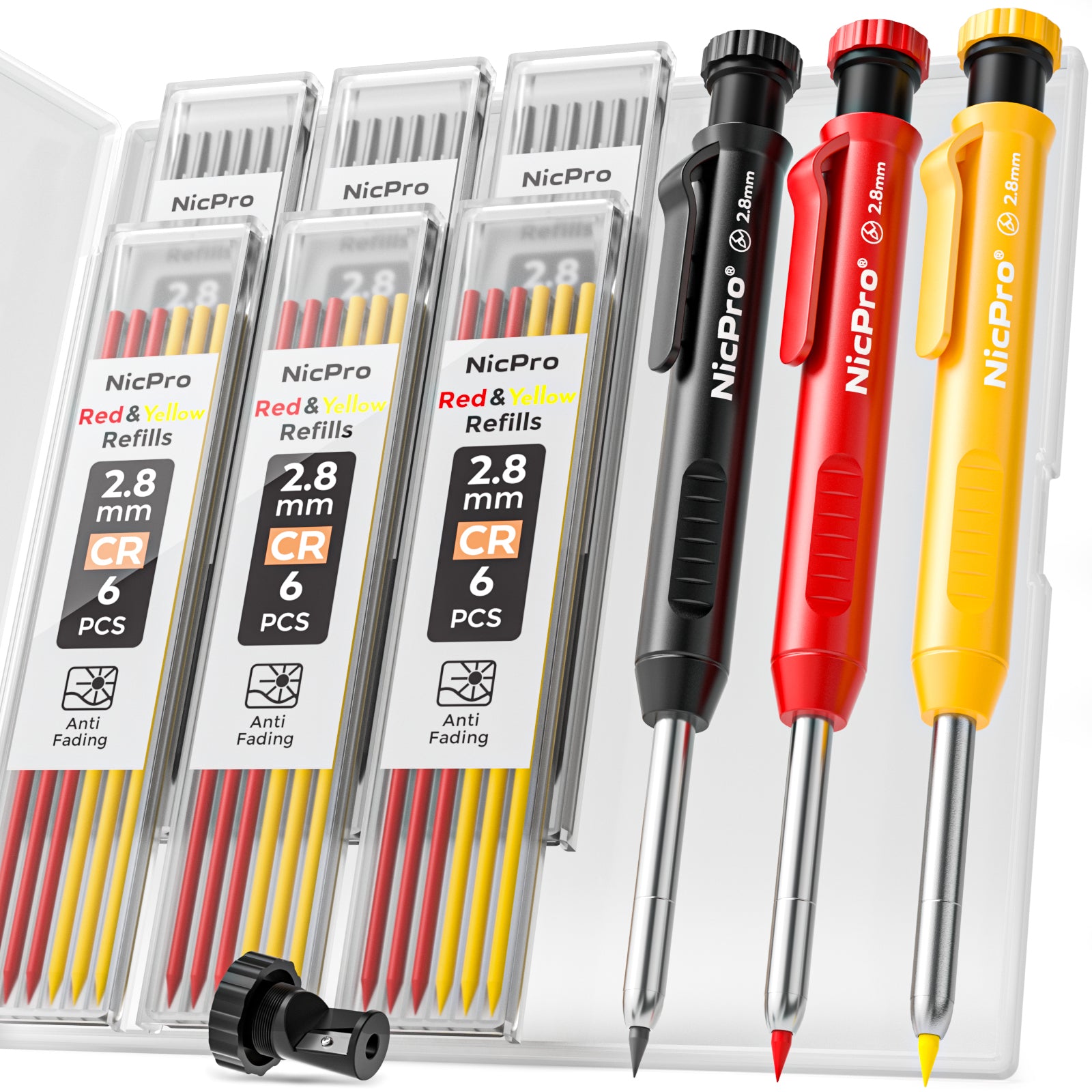 Nicpro 3 Pack Carpenter Pencil with Sharpener, Mechanical Carpenter Pencils with 36 Refills, Deep Hole Marker Construction Carpentry Pencils, Architect Pencil for Woodworking (Red, Black, Yellow)