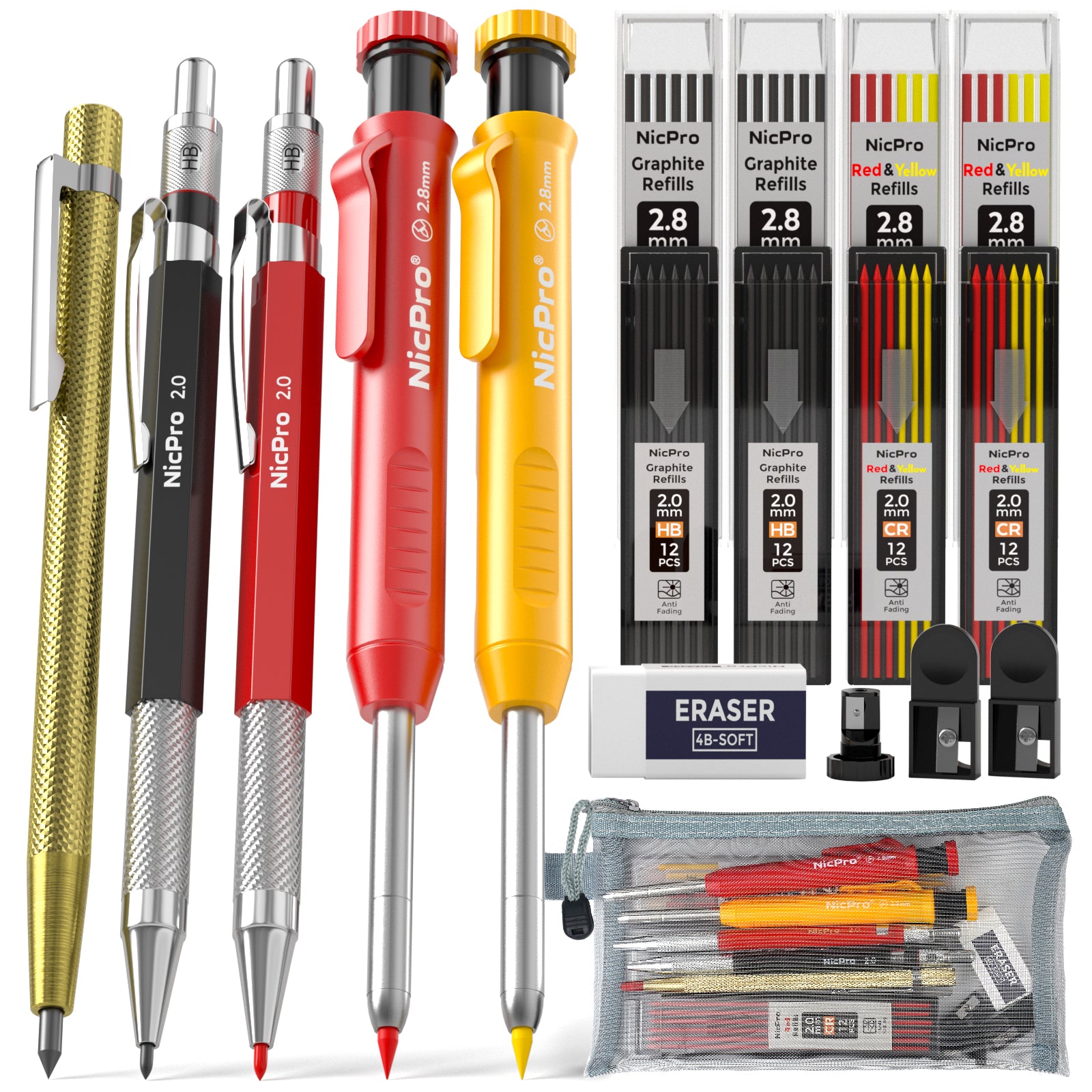 Nicpro 5 Pack Mechanical Carpenter Pencil Set with 76 Refills & Carbide Scribe Tool, Solid Deep Hole Carpenter Markers Woodworking Pencils with Built-in Sharpener for Construction Architect