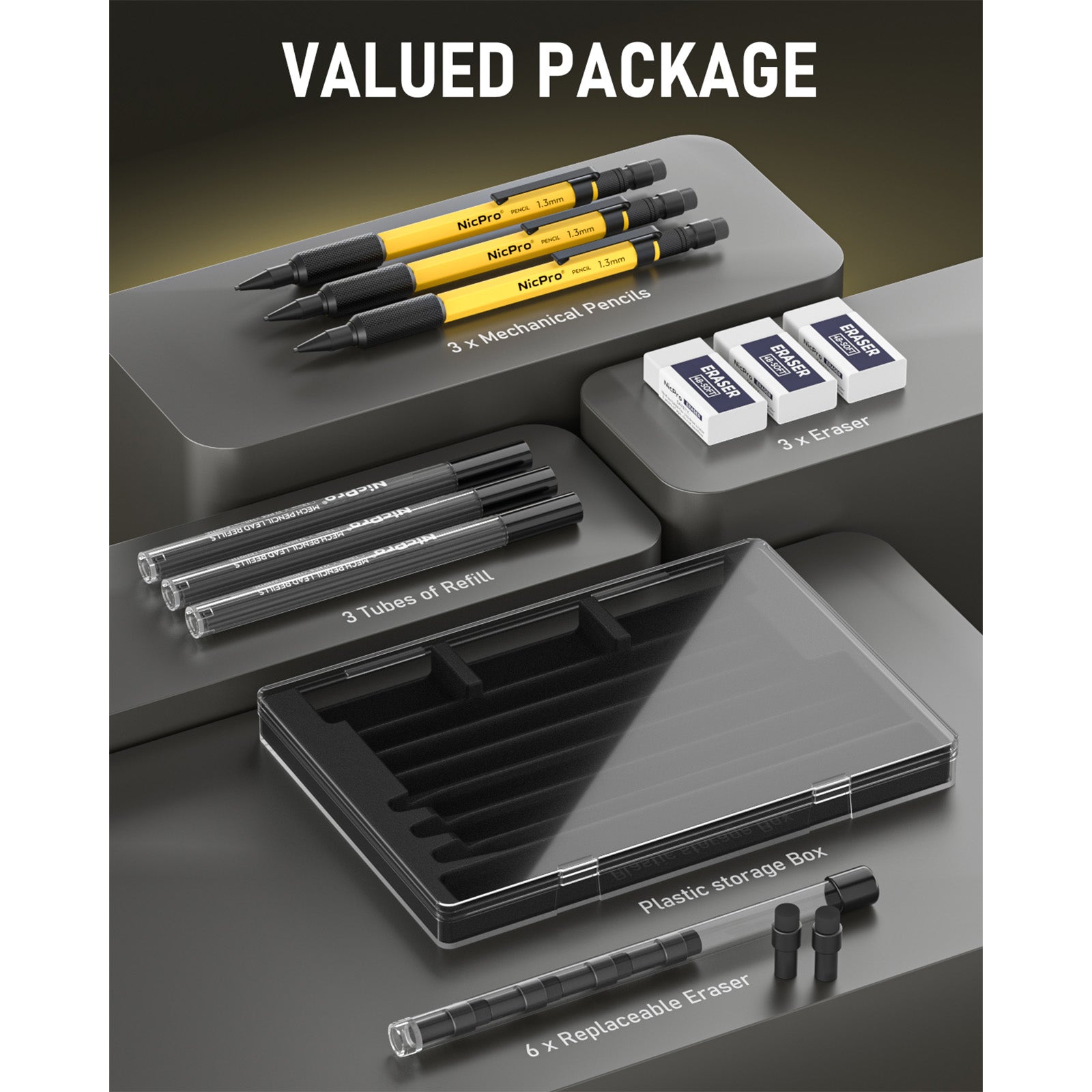 Nicpro 3 PCS 1.3 mm Mechanical Pencils Set with 36 Lead Refill, 3 Eras