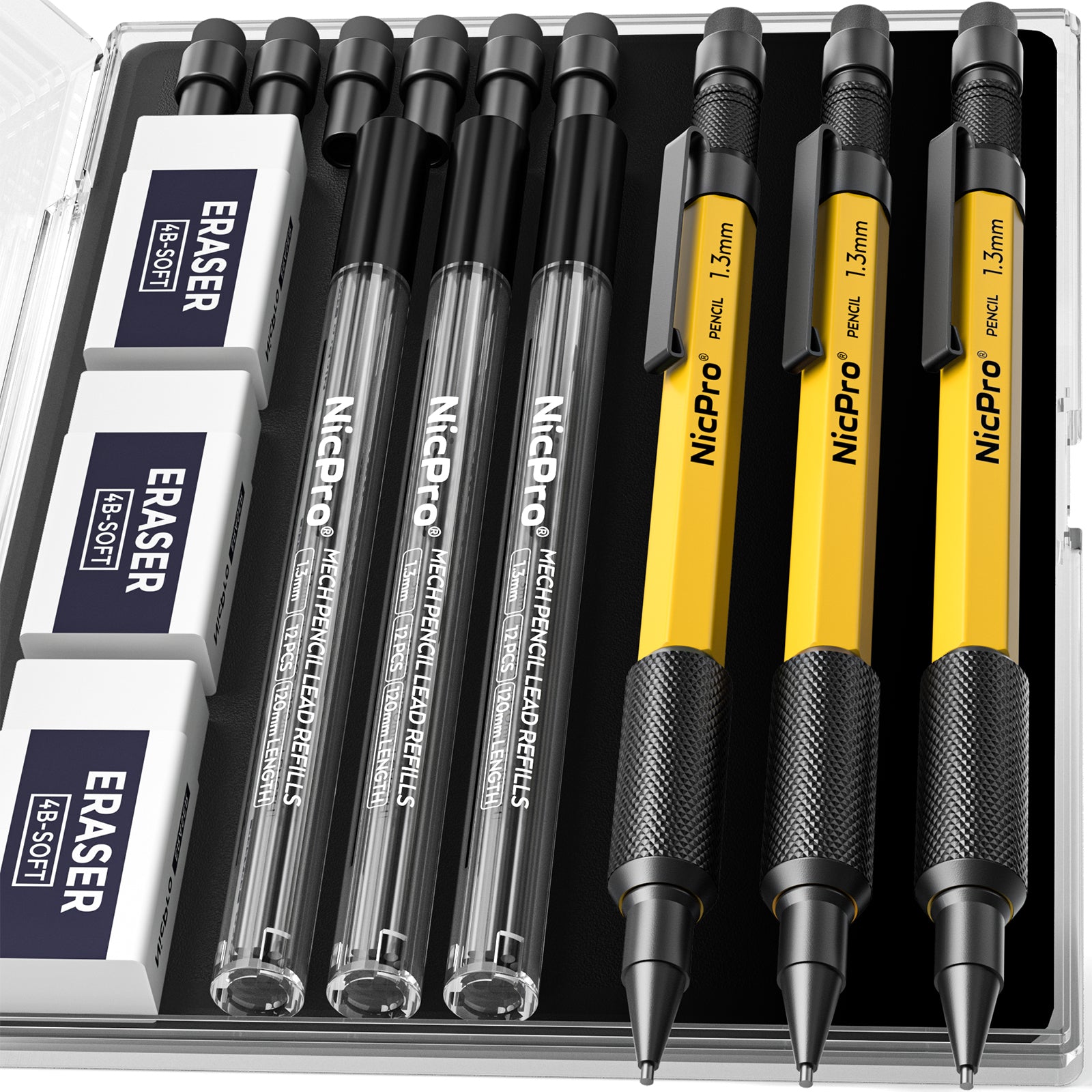 Nicpro 3 PCS 1.3 mm Mechanical Pencils Set with 36 Lead Refill, 3 Eraser - Weatherproof Metal Barrel, Heavy Duty Carpenter Pencil for Outdoor Marking Drafting Drawing Sketching Woodworking - with Case