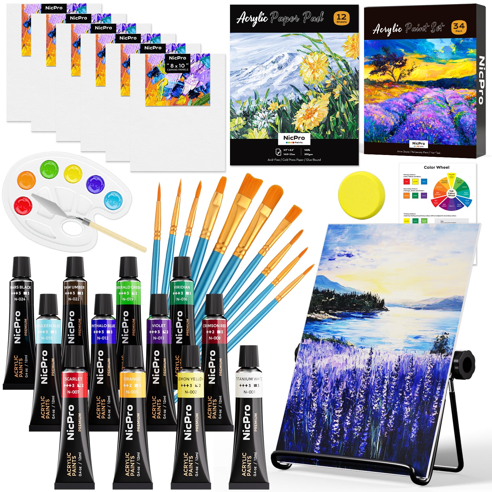 Nicpro Acrylic Paint Canvas Set for Adult & Kid, 34PCS Art Painting Supplies Kit,12 Colors Acrylic Paint,Table Easel,6 Canvas Panels,10 Brushes,Paper Pad,Sponge,Color Wheel,Palette for Artist Beginner