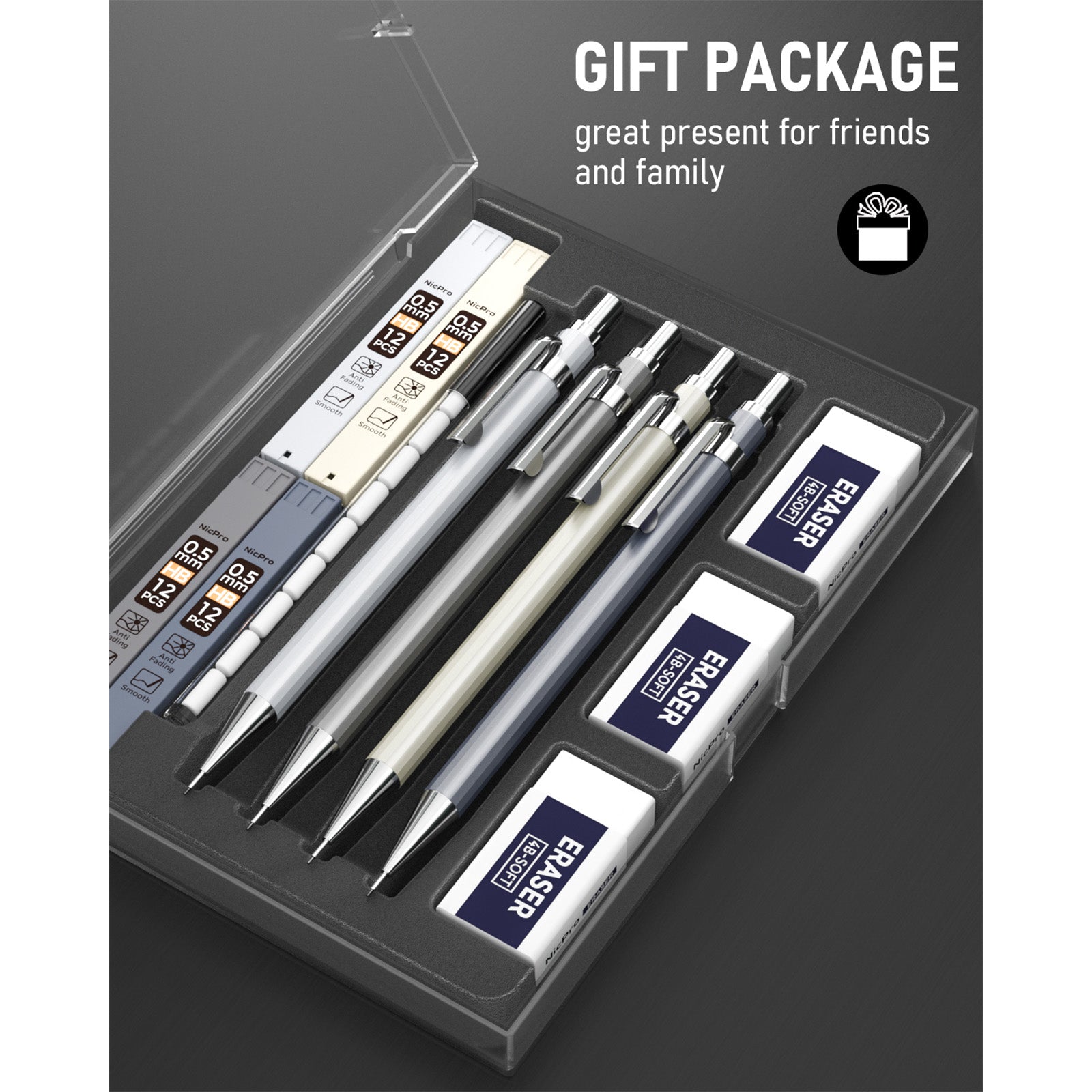 Nicpro 3-Pack Metal Mechanical Pencils Set - 0.5mm Drafting Pencils With Lead Refills, Erasers, & Storage Case