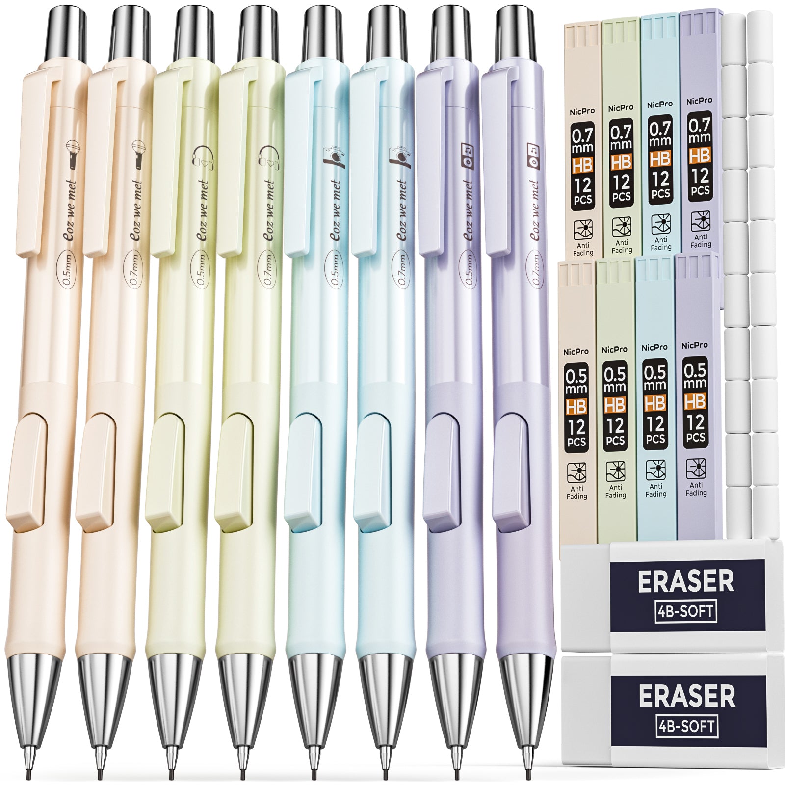 Nicpro 8PCS Pastel Mechanical Pencil 0.5mm & 0.7 mm, Cute Fast Click Mechanical Pencils Set with 8 Tubes HB Lead Refill, Eraser, Eraser Refill for School, Student Writing, Drawing, Sketching-with Case