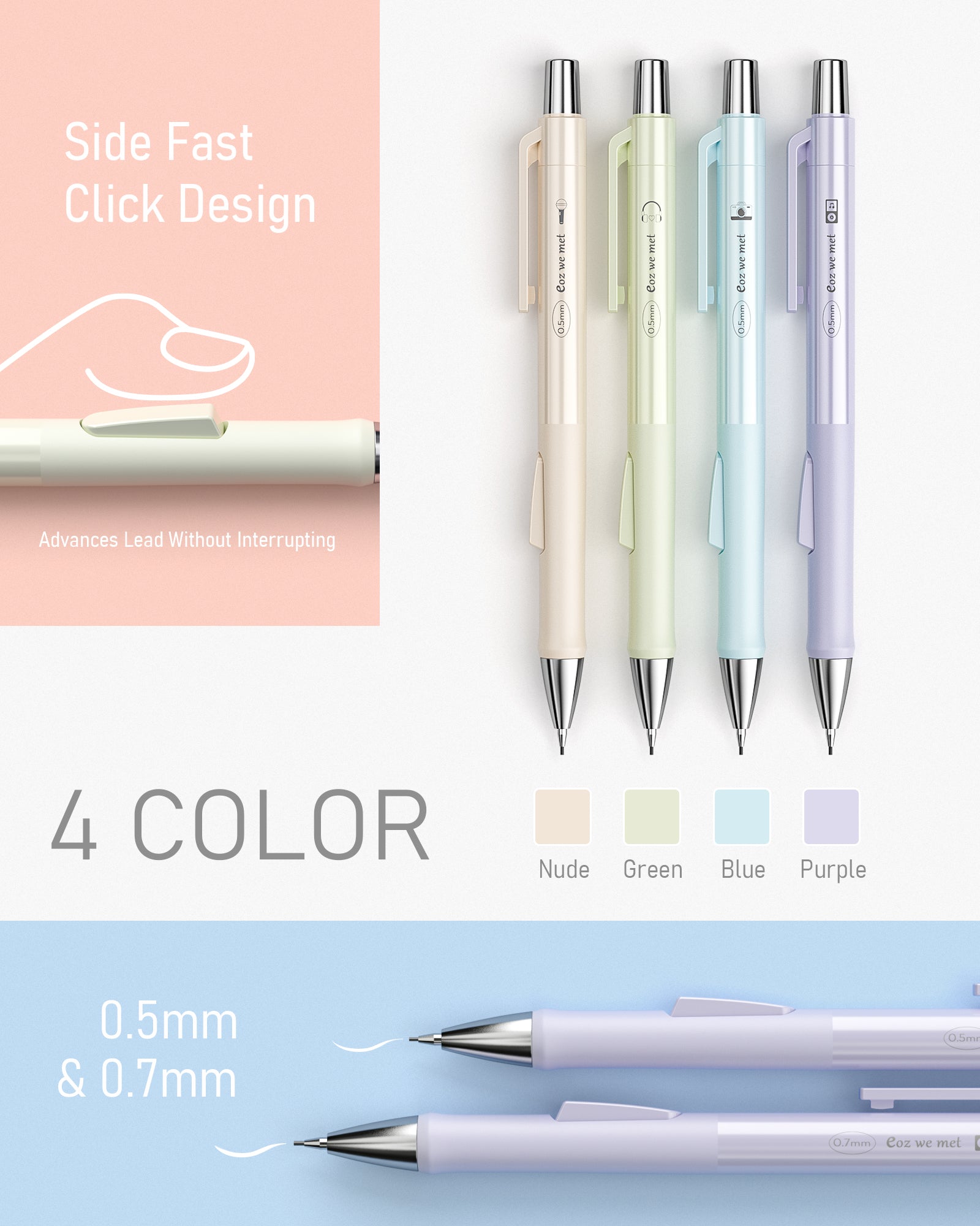 Nicpro 8PCS Pastel Mechanical Pencil 0.5mm & 0.7 mm, Cute Fast Click Mechanical Pencils Set with 8 Tubes HB Lead Refill, Eraser, Eraser Refill for School, Student Writing, Drawing, Sketching-with Case