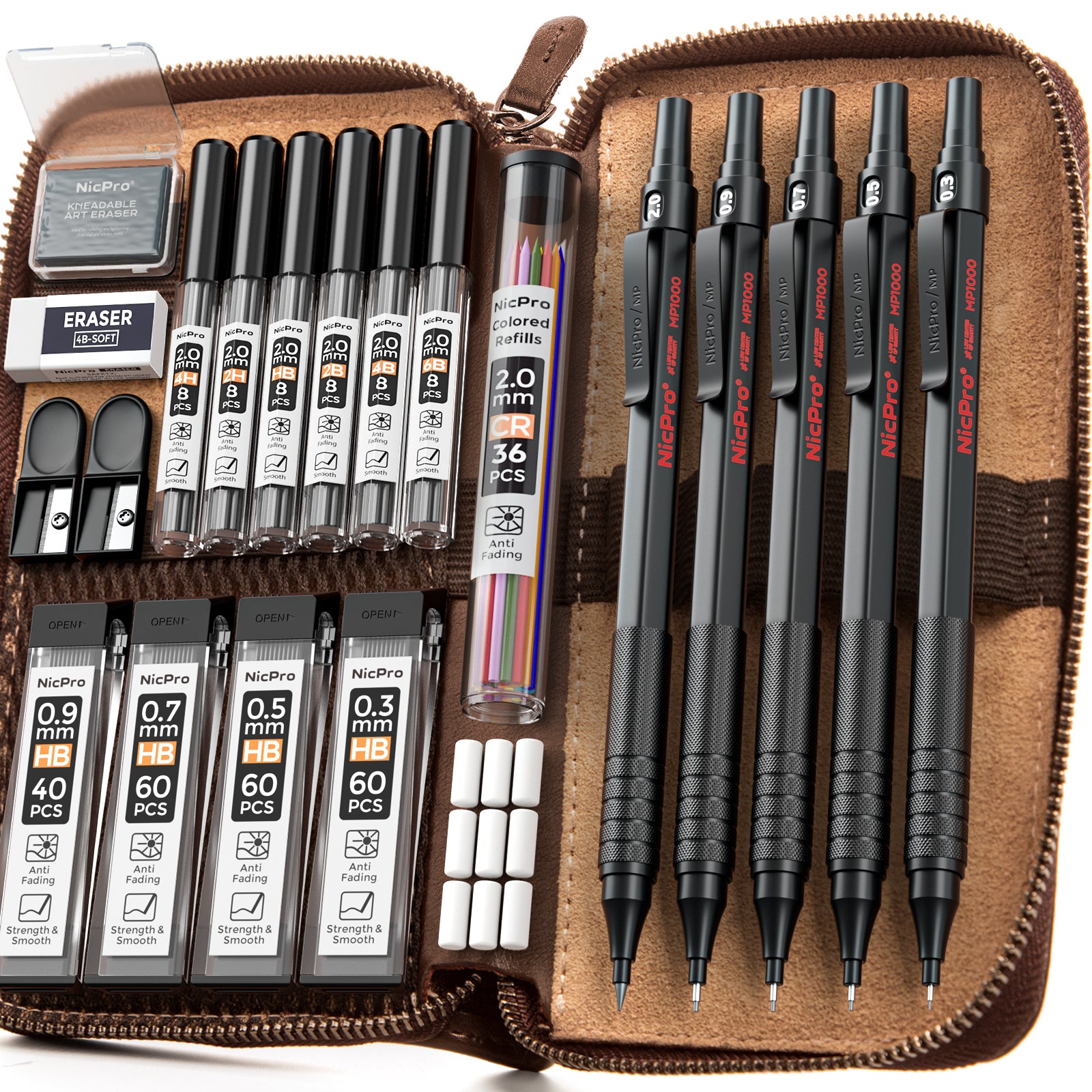 Nicpro 5 Pcs Black Metal Mechanical Pencil Set in Leather Case, 0.3, 0.5, 0.7, 0.9 mm & 2mm Lead Pencil Holders, 9 Tube (4B 2B HB 2H) Lead Refills, Erasers for Art Drafting Sketching Drawing