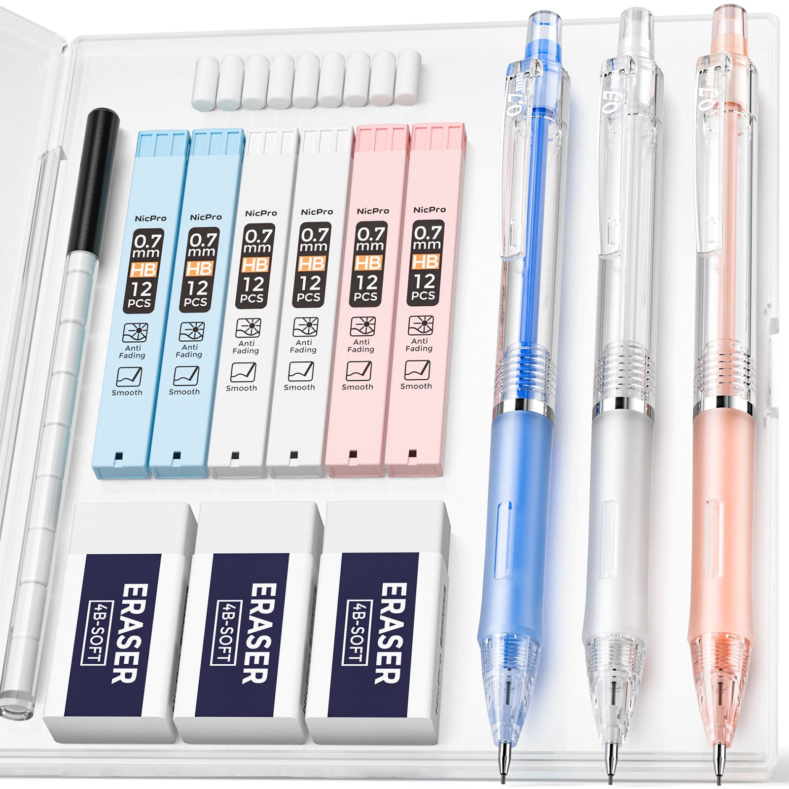 Nicpro 3 PCS Pastel Mechanical Pencil 0.7 with Case for School, with 6 tubes HB Lead Refills, 3 x Erasers, 9 x Eraser Refills for Student Writing, Drawing, Sketching, Blue & Pink & White Colors