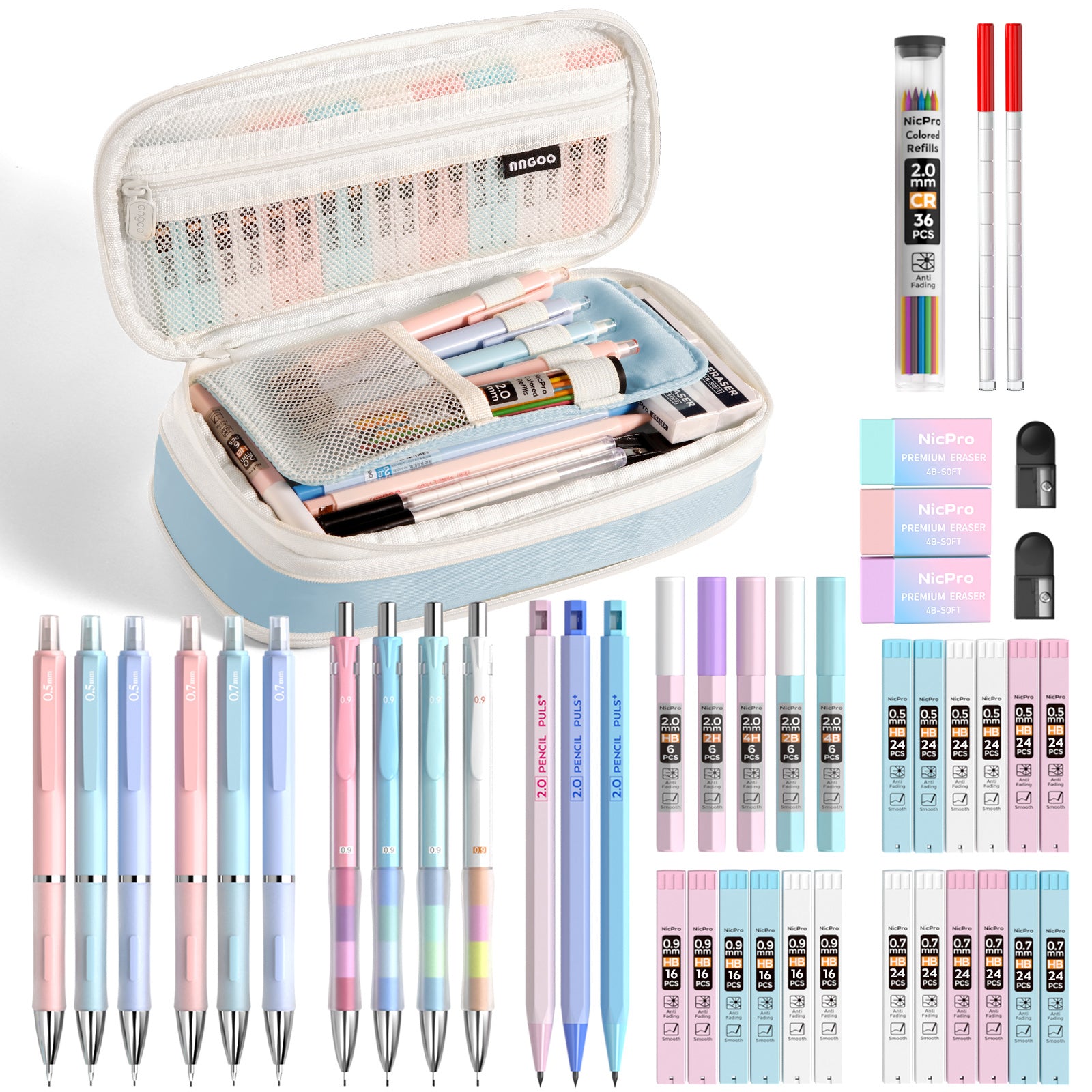 Nicpro 45PCS Pastel Mechanical Pencil Set With Big Capacity Pencil Case, Cute Mechanical Pencils 0.5, 0.7, 0.9, 2mm with 24 Tube Lead Refills(4B 2B HB 2H 4H COLORS) Erasers For Student Writing Drawing