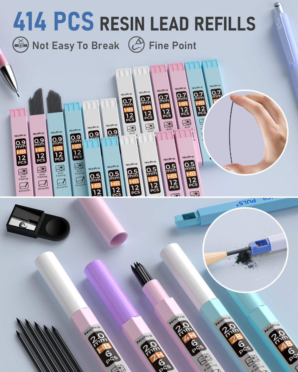 Nicpro 45PCS Pastel Mechanical Pencil Set With Big Capacity Pencil Case, Cute Mechanical Pencils 0.5, 0.7, 0.9, 2mm with 24 Tube Lead Refills(4B 2B HB 2H 4H COLORS) Erasers For Student Writing Drawing