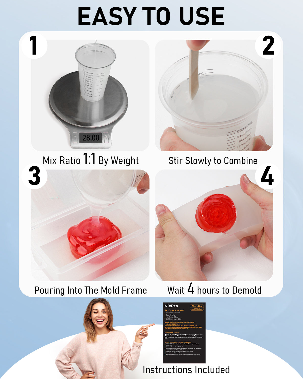 Nicpro 74oz Silicone Mold Making Kit, Platinum Liquid Silicone Rubber for Mold Maker, Translucent Flexible & Food Safe Silicone Mold Kit for Resin Casting with Mold Housing