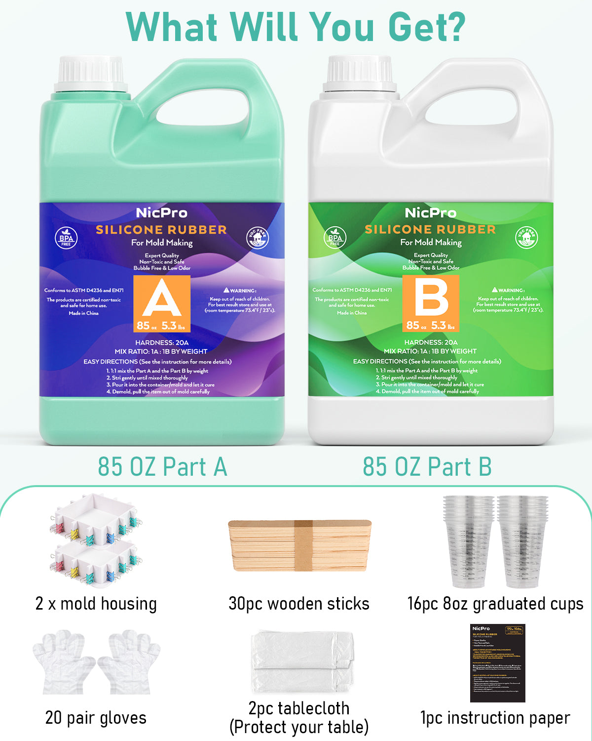 Nicpro 170oz Silicone Mold Making Kit, Platinum Liquid Silicone Rubber, Jade Green Flexible & Food Safe Mix Ratio 1:1 for Casting 3D Resins DIY with 2PCS Mold Housing, Mixing Cups