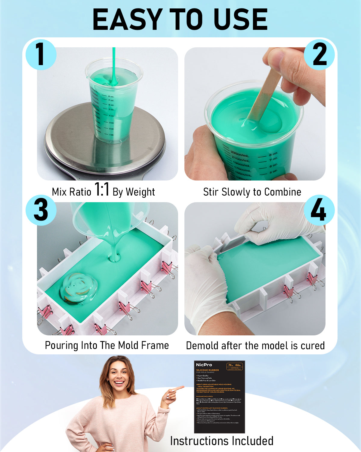 Nicpro 170oz Silicone Mold Making Kit, Platinum Liquid Silicone Rubber, Jade Green Flexible & Food Safe Mix Ratio 1:1 for Casting 3D Resins DIY with 2PCS Mold Housing, Mixing Cups