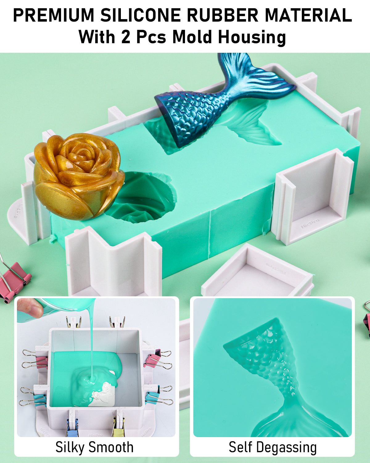 Nicpro 170oz Silicone Mold Making Kit, Platinum Liquid Silicone Rubber, Jade Green Flexible & Food Safe Mix Ratio 1:1 for Casting 3D Resins DIY with 2PCS Mold Housing, Mixing Cups