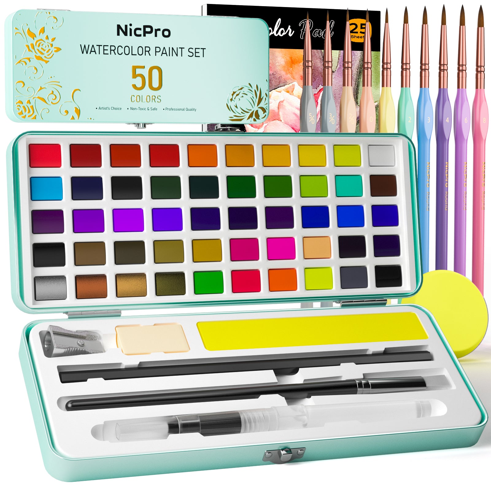 Nicpro 50 Colors Watercolor Paint Set, Including Metallic & Fluorescent Color, 8PCS Pastel Detail Painting Brush, Water Color Paper, Palette, Art Supplies Kit for Artist Adult Beginner with Gift Box