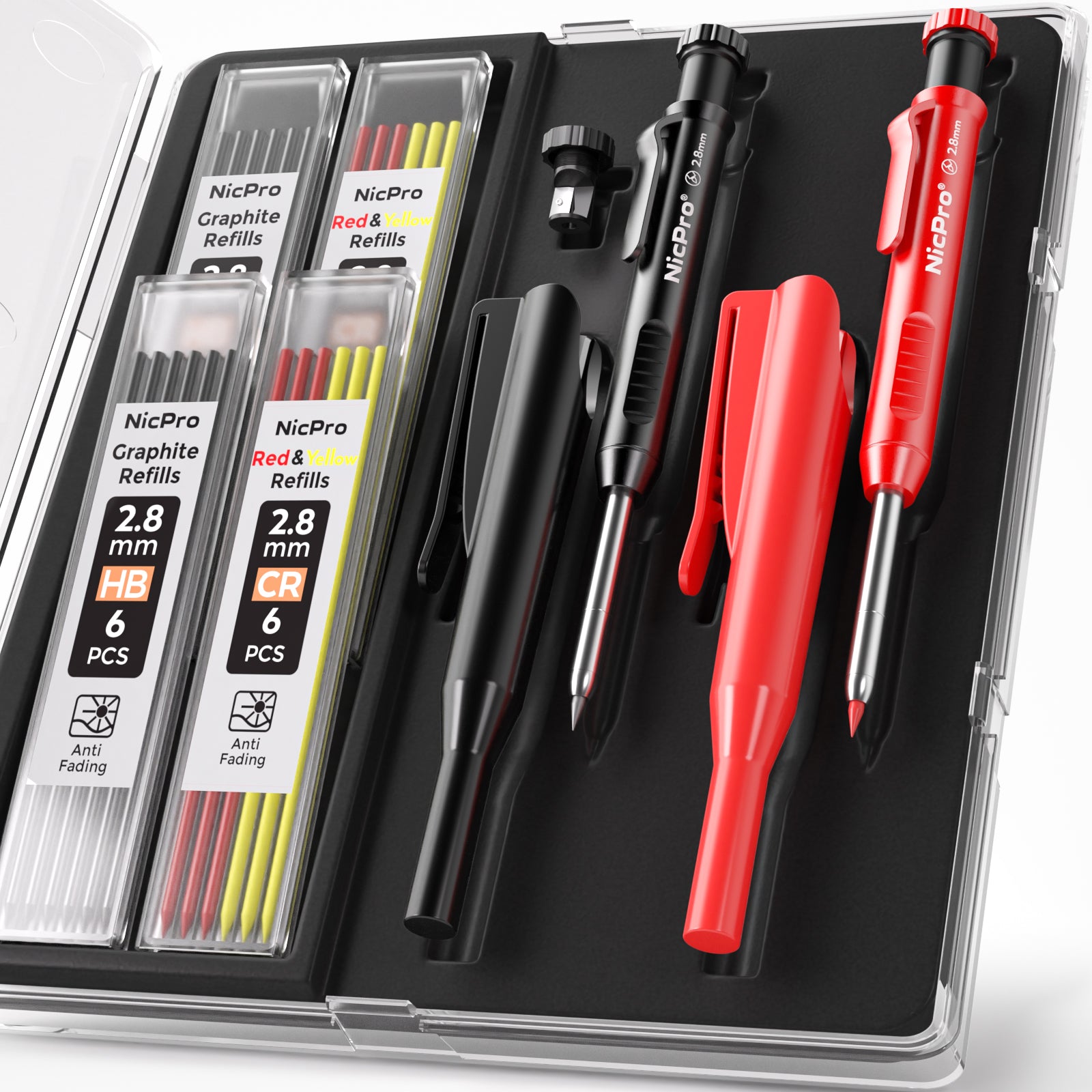 Nicpro 2Pack Carpenter Pencil with Sharpener, Mechanical Carpenter Pencils with 26 Refills (Red, Black, Yellow), Deep Hole Marker Construction Heavy Duty Woodworking Pencils for Father's Day Gift