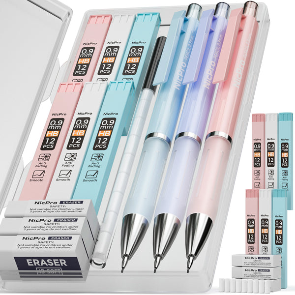 Nicpro 3PCS Pastel Mechanical Pencil Set, Cute Mechanical Pencils 0.9 mm with 6 Tubes HB Lead, 3PCS Eraser & 9PCS Eraser Refill, Aesthetic Mechanical Pencils for Writing, Sketching, Drafting-With Case