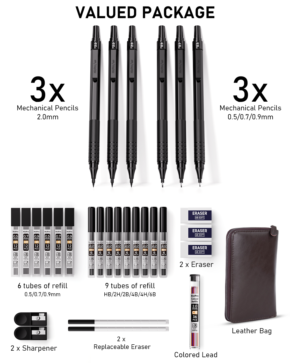 Nicpro 30PCS Black Metal Mechanical Pencil Set in Leather Case, Art Drafting Pencil 0.5, 0.7, 0.9 mm, 2mm Lead Pencil Holders for Sketching Drawing With 16 Tube (6B 4B 2B HB 2H 4H Colors)Lead Refills