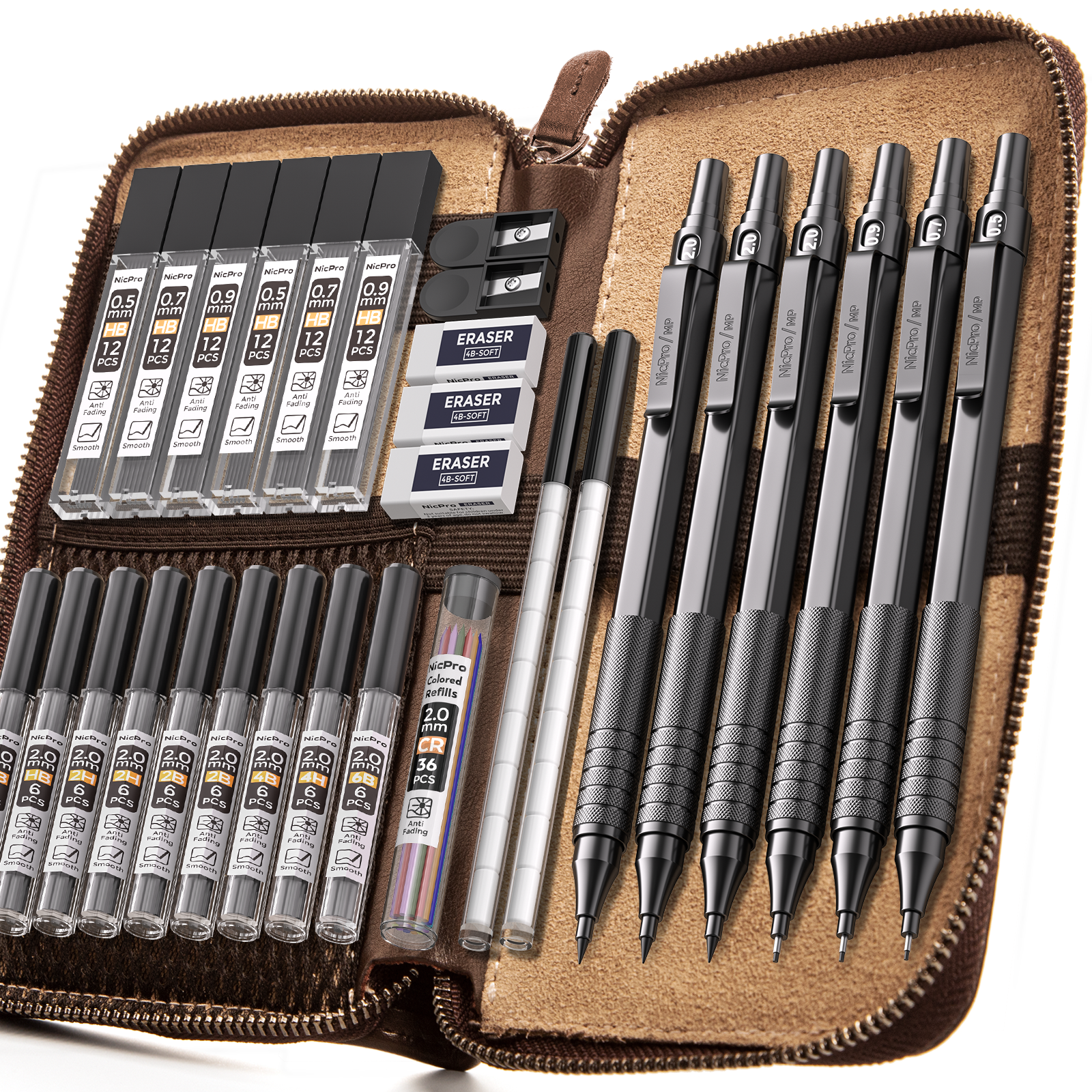 Nicpro 30PCS Black Metal Mechanical Pencil Set in Leather Case, Art Drafting Pencil 0.5, 0.7, 0.9 mm, 2mm Lead Pencil Holders for Sketching Drawing With 16 Tube (6B 4B 2B HB 2H 4H Colors)Lead Refills