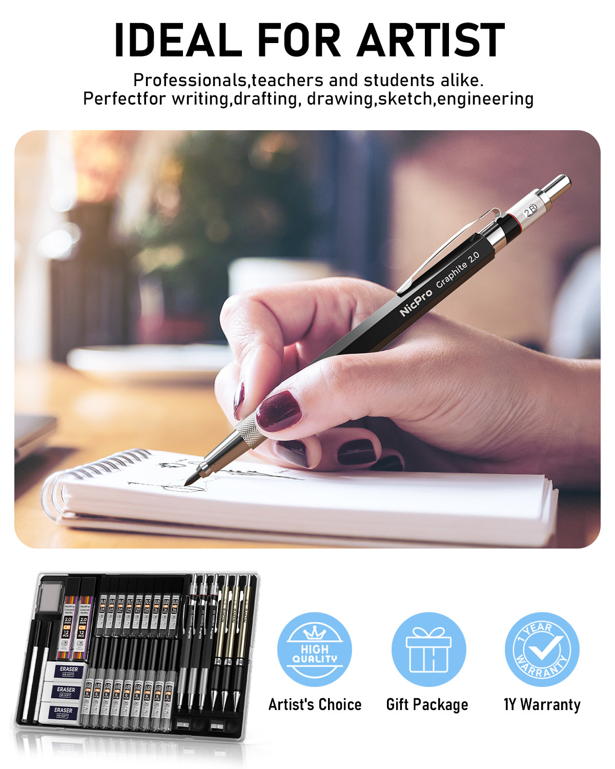 Nicpro 35PCS Art Mechanical Pencil Set, 3 PCS Metal Drafting Pencil 0.5 mm & 0.7 mm & 0.9 mm & 3 PCS 2mm Lead Holder (6B 4B 2B HB 2H 4H Colors) For Sketching Drawing With 20 Tube Lead Refills Case