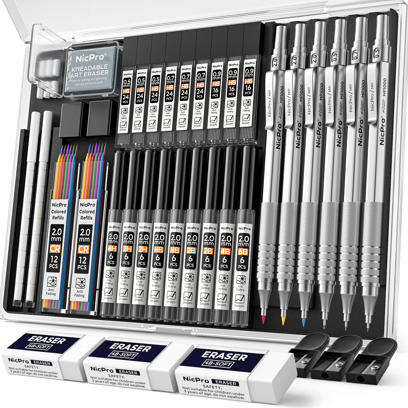 Nicpro 35PCS Black Metal Mechanical Pencils Set in Case, Art Drafting Pencil 0.5, 0.7, 0.9 mm & 3PCS 2mm Graphite Lead Holder for Drawing Sketching With 20 Tube Lead Refills(6B 4B 2B HB 2H 4H Colors)