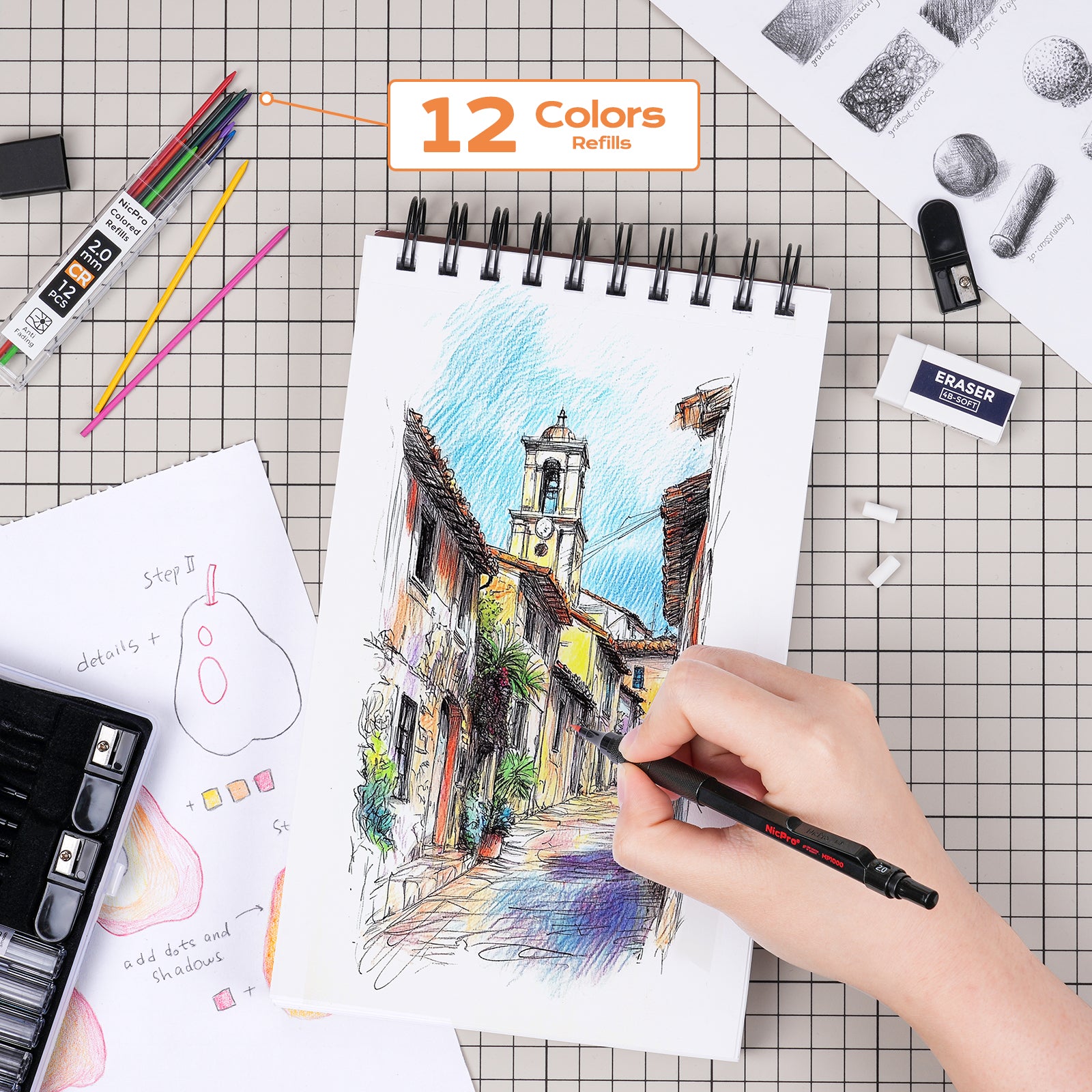 Nicpro 35PCS Black Metal Mechanical Pencils Set in Case, Art Drafting Pencil 0.5, 0.7, 0.9 mm & 3PCS 2mm Graphite Lead Holder for Drawing Sketching With 20 Tube Lead Refills(6B 4B 2B HB 2H 4H Colors)