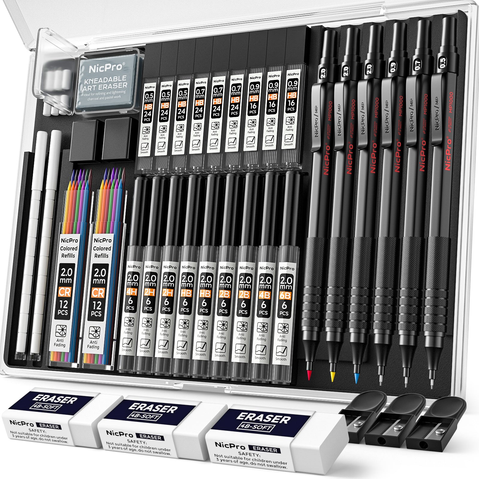 Nicpro 35PCS Black Metal Mechanical Pencils Set in Case, Art Drafting Pencil 0.5, 0.7, 0.9 mm & 3PCS 2mm Graphite Lead Holder for Drawing Sketching With 20 Tube Lead Refills(6B 4B 2B HB 2H 4H Colors)