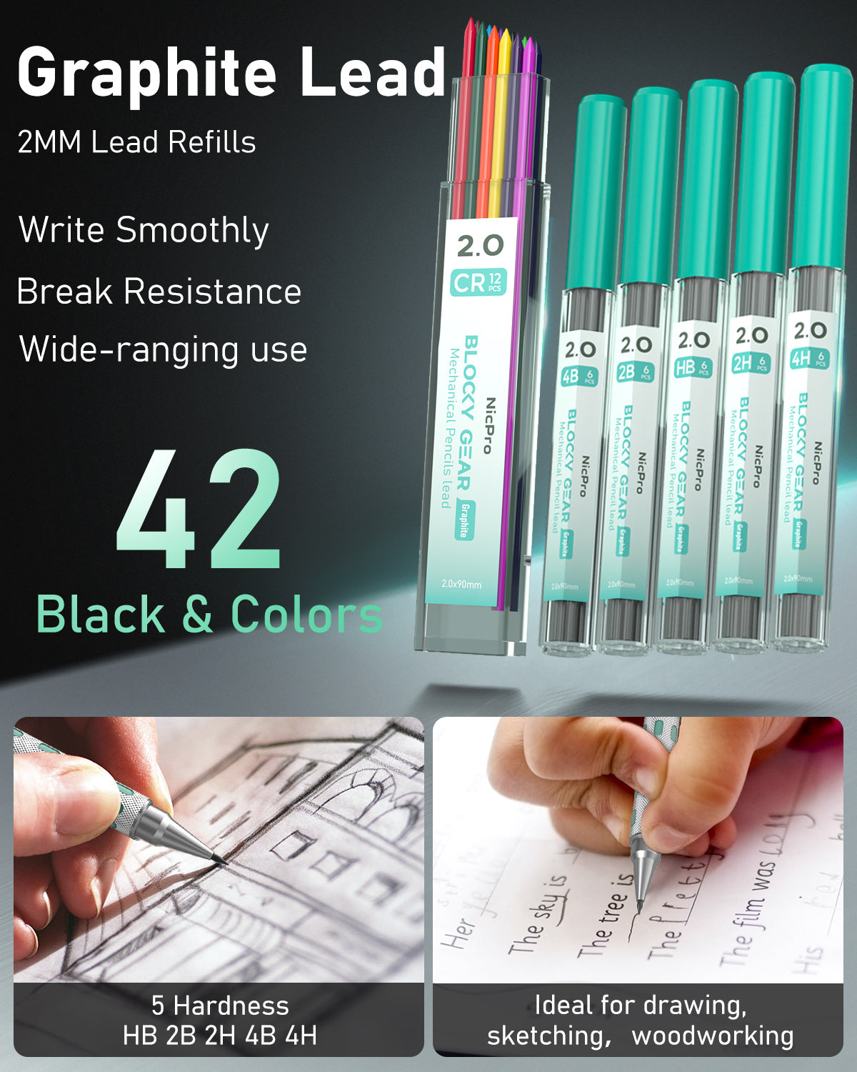 Nicpro Blocky Gear 2mm Mechanical Pencils in Case, Metal Drafting Lead Holder with 6 Tubes 2mm Lead Refill (HB 2B 2H 4B 4H & Colors) Sharpeners, Erasers for Artist Carpenter Writing Drawing Sketching