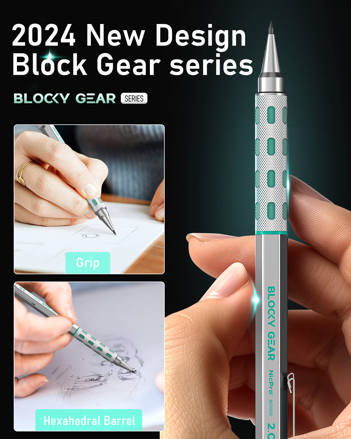 Nicpro Blocky Gear 2mm Mechanical Pencils in Case, Metal Drafting Lead Holder with 6 Tubes 2mm Lead Refill (HB 2B 2H 4B 4H & Colors) Sharpeners, Erasers for Artist Carpenter Writing Drawing Sketching