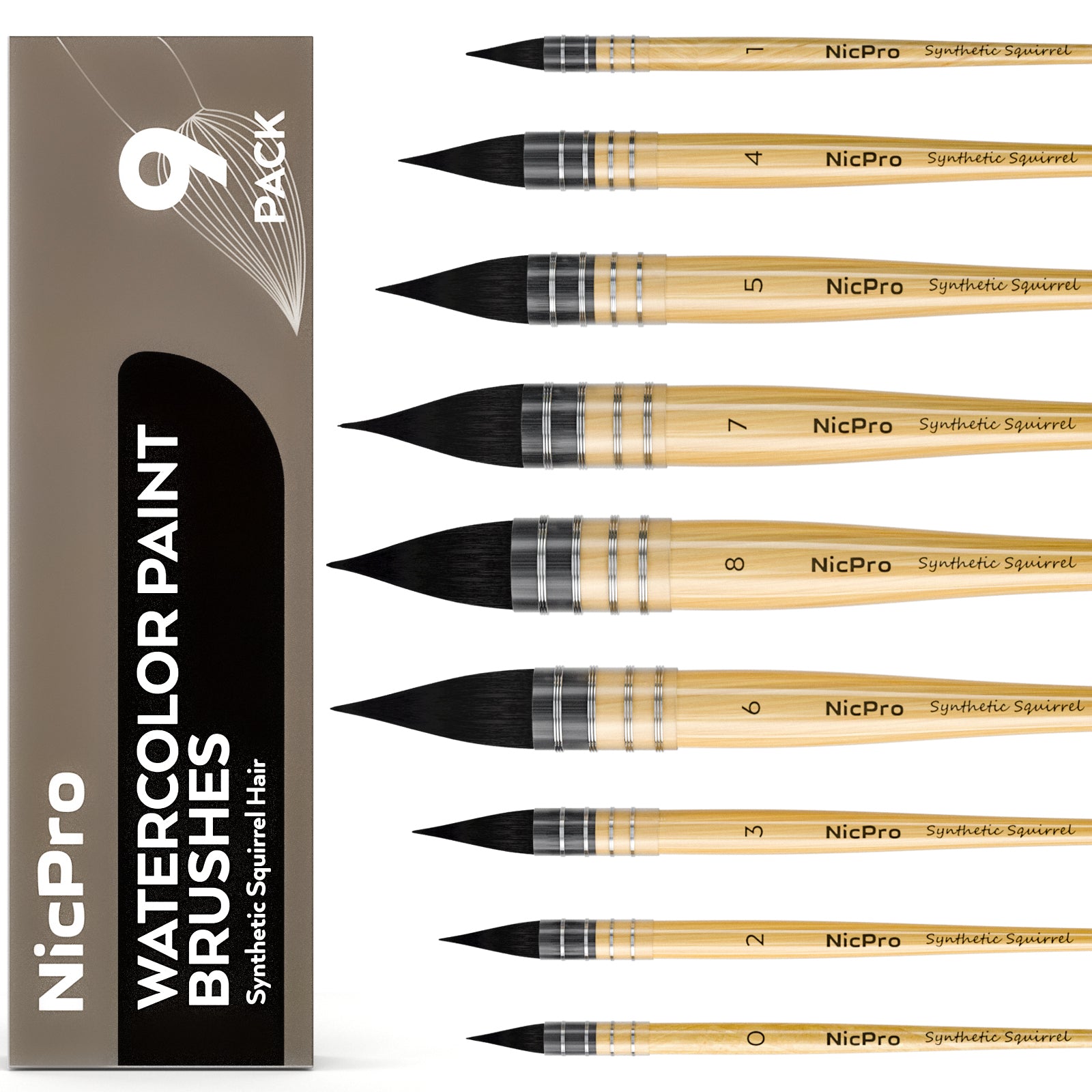 Nicpro Professional Watercolor Paint Brushes with Nylon Bag, 9 PCS Mop Paintbrush, Round Synthetic Squirrel Hair, Bulk Paint Brushes for Watercolor Painting, Gouache, Acrylic, Oil, Wood Color