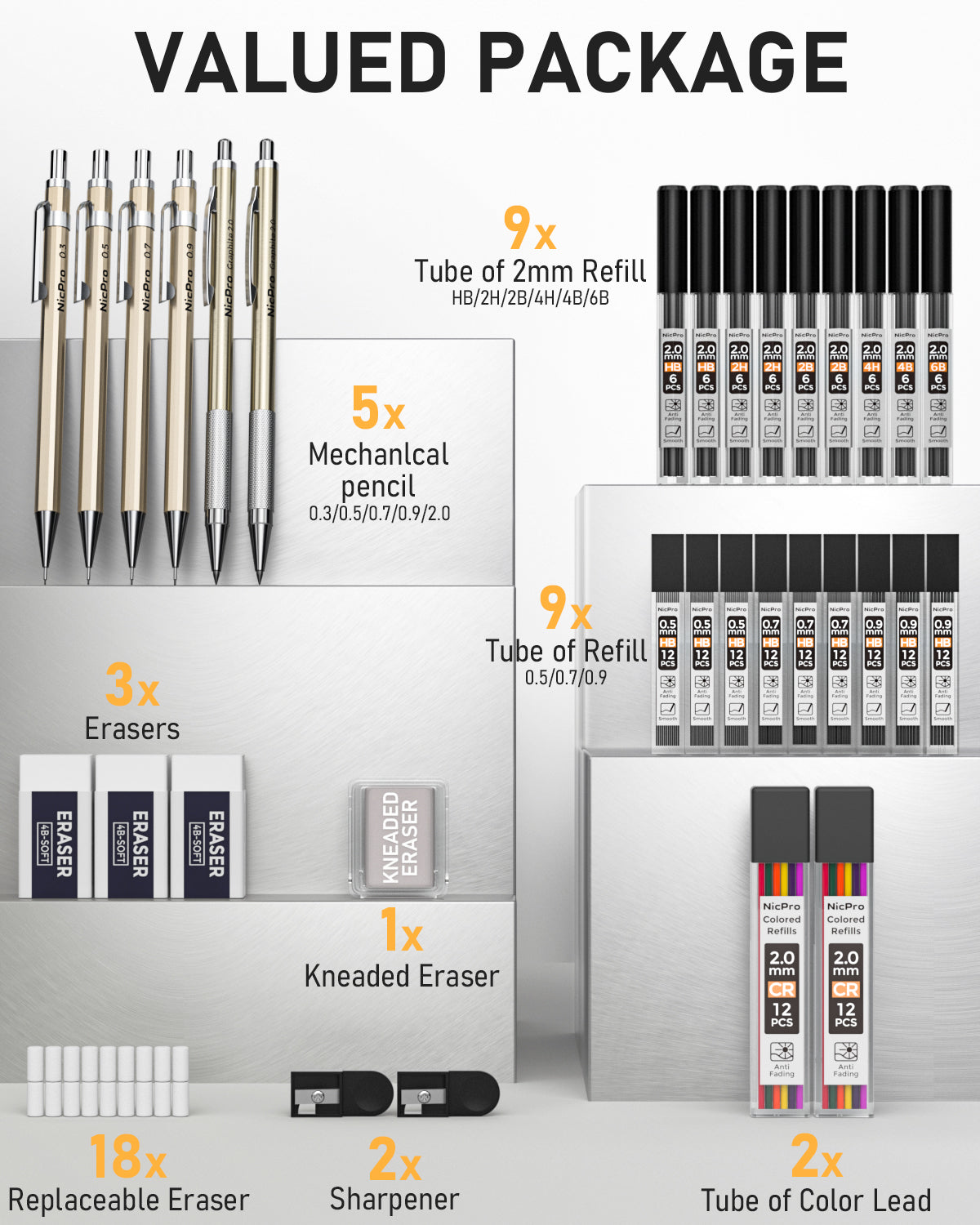 Nicpro 34PCS Art Mechanical Pencil Set, Metal Drafting Pencil 0.3 mm & 0.5 mm & 0.7 mm & 0.9 mm & 2PCS 2mm Lead Holder (6B 4B 2B HB 2H 4H Colors) For Sketching Drawing With 19 Tube Lead Refills Case