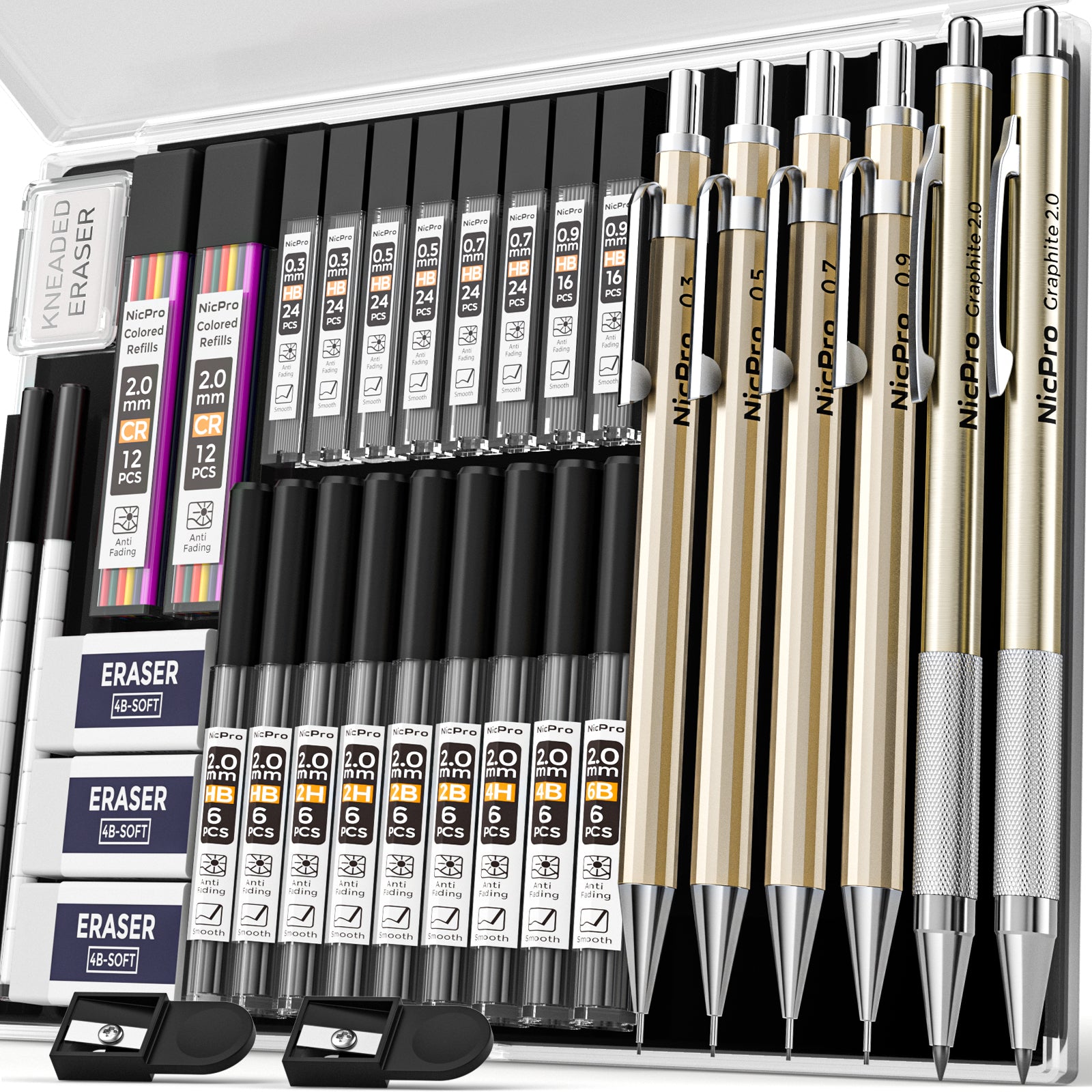 Nicpro 34PCS Black Art Mechanical Pencils Set, Metal Drafting Pencil 0.3, 0.5, 0.7, 0.9 mm & 2PCS 2mm Lead Holder (6B 4B 2B HB 2H 4H Colors) For Sketching Drawing With 19 Tube Lead Refills Case