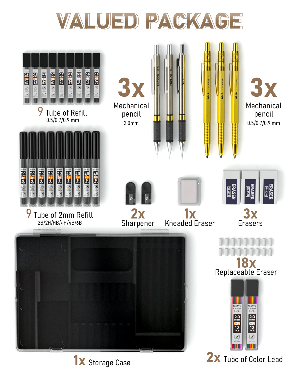 Nicpro 35PCS Gold Art Mechanical Pencils Set, 3 PCS Metal Drafting Pencil 0.5 mm & 0.7 mm & 0.9 mm & 3 PCS 2mm Lead Holder (6B 4B 2B HB 2H 4H Colors) For Sketching Drawing