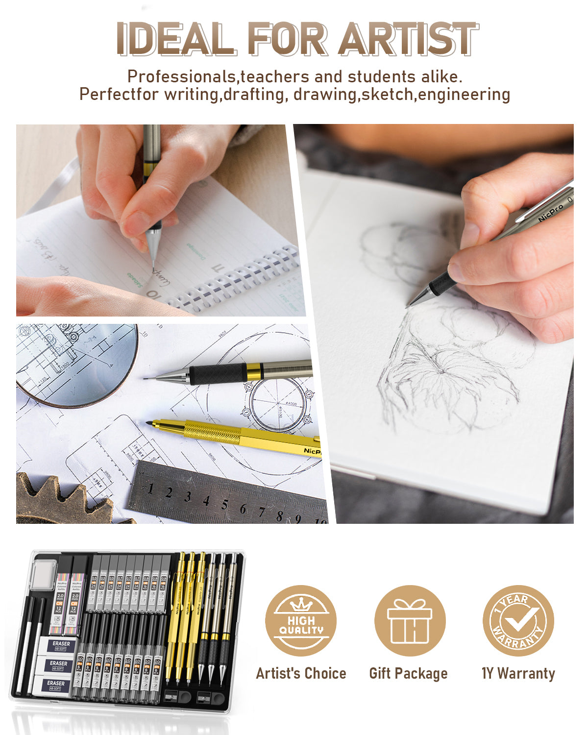 Nicpro 35PCS Gold Art Mechanical Pencils Set, 3 PCS Metal Drafting Pencil 0.5 mm & 0.7 mm & 0.9 mm & 3 PCS 2mm Lead Holder (6B 4B 2B HB 2H 4H Colors) For Sketching Drawing