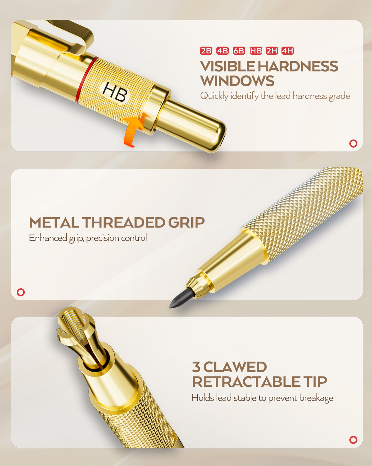 Nicpro 35PCS Gold Art Mechanical Pencils Set, 3 PCS Metal Drafting Pencil 0.5 mm & 0.7 mm & 0.9 mm & 3 PCS 2mm Lead Holder (6B 4B 2B HB 2H 4H Colors) For Sketching Drawing