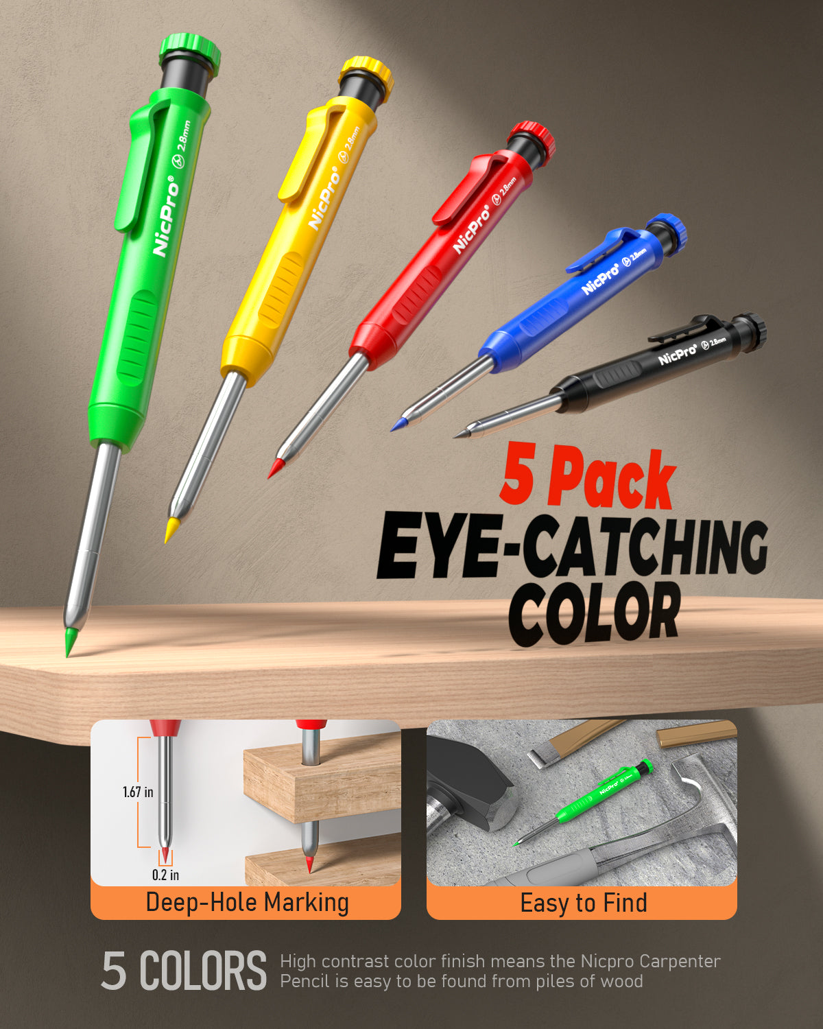 Nicpro 27 Pack Carpenter Pencils for Woodworking, Construction Mechanical Pencil with 100 Refill, Automatic Center Punch and Carbide Scribe Carpenter Tool, Construction Pencil