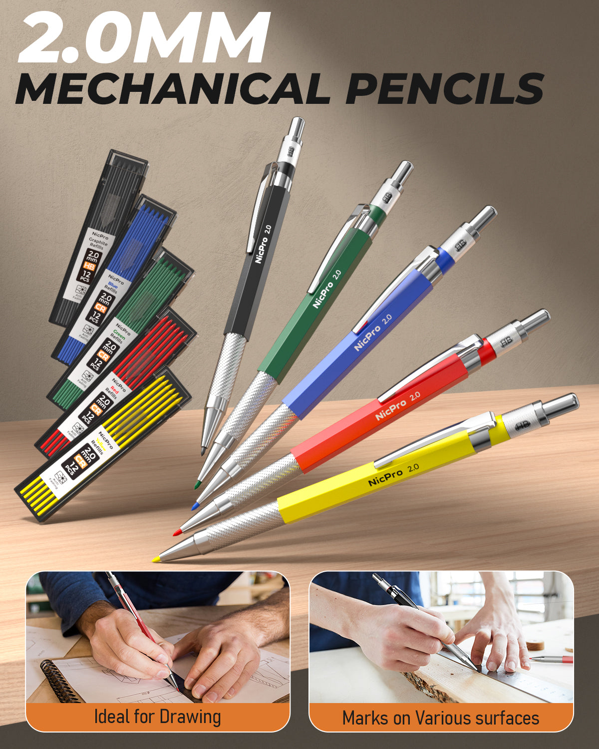 Nicpro 27 Pack Carpenter Pencils for Woodworking, Construction Mechanical Pencil with 100 Refill, Automatic Center Punch and Carbide Scribe Carpenter Tool, Construction Pencil