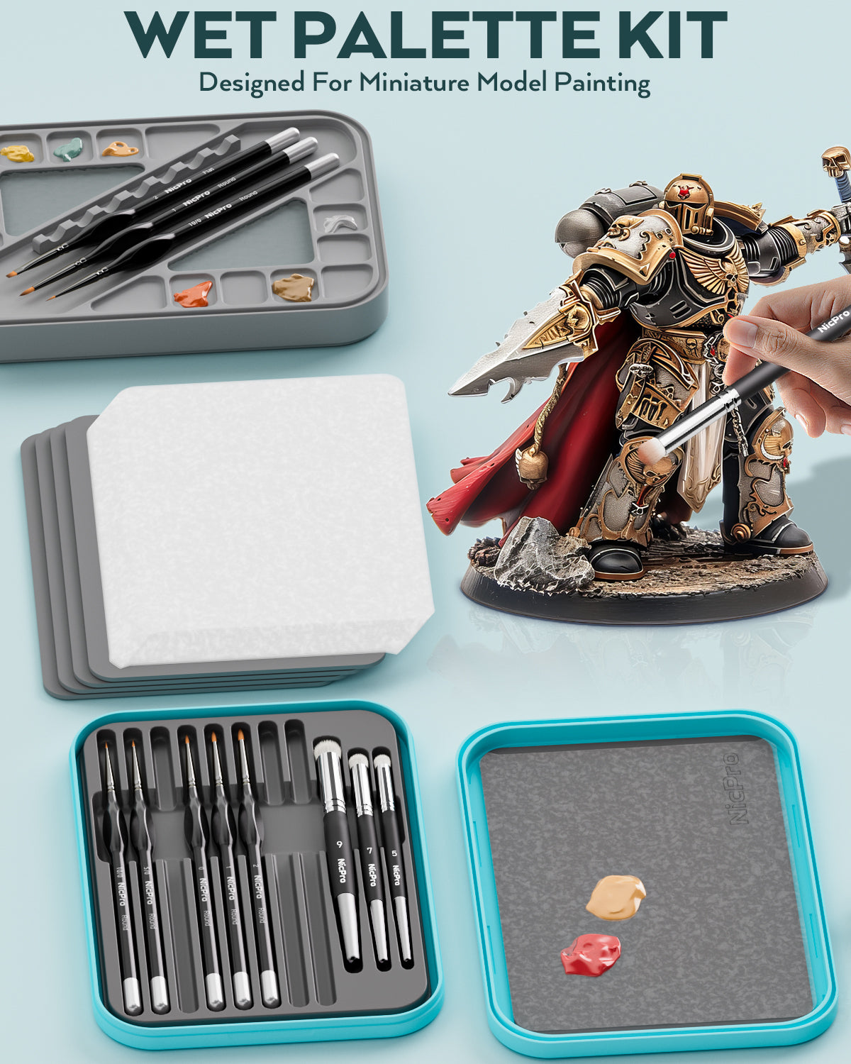 Nicpro Miniature Painting Kit with Wet Palette & 11PCS Detail Paint Brushes Drybrush, 100PCS Wet Pallet Paper, 4PCS Sponge, Brush Holder Mixing Paint Saver Palette for Miniature Model Painting