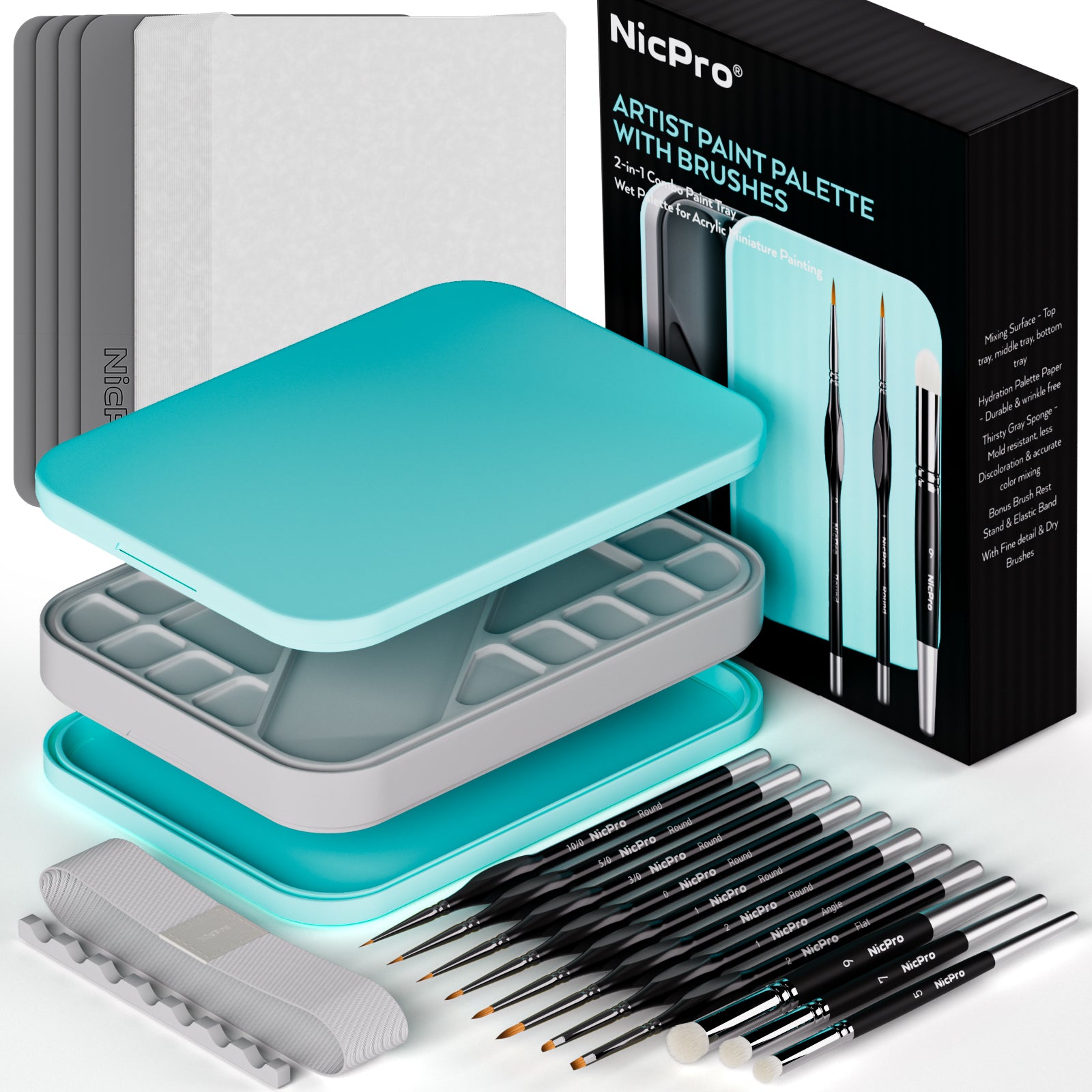 Nicpro Miniature Painting Kit with Wet Palette & 11PCS Detail Paint Brushes Drybrush, 100PCS Wet Pallet Paper, 4PCS Sponge, Brush Holder Mixing Paint Saver Palette for Miniature Model Painting