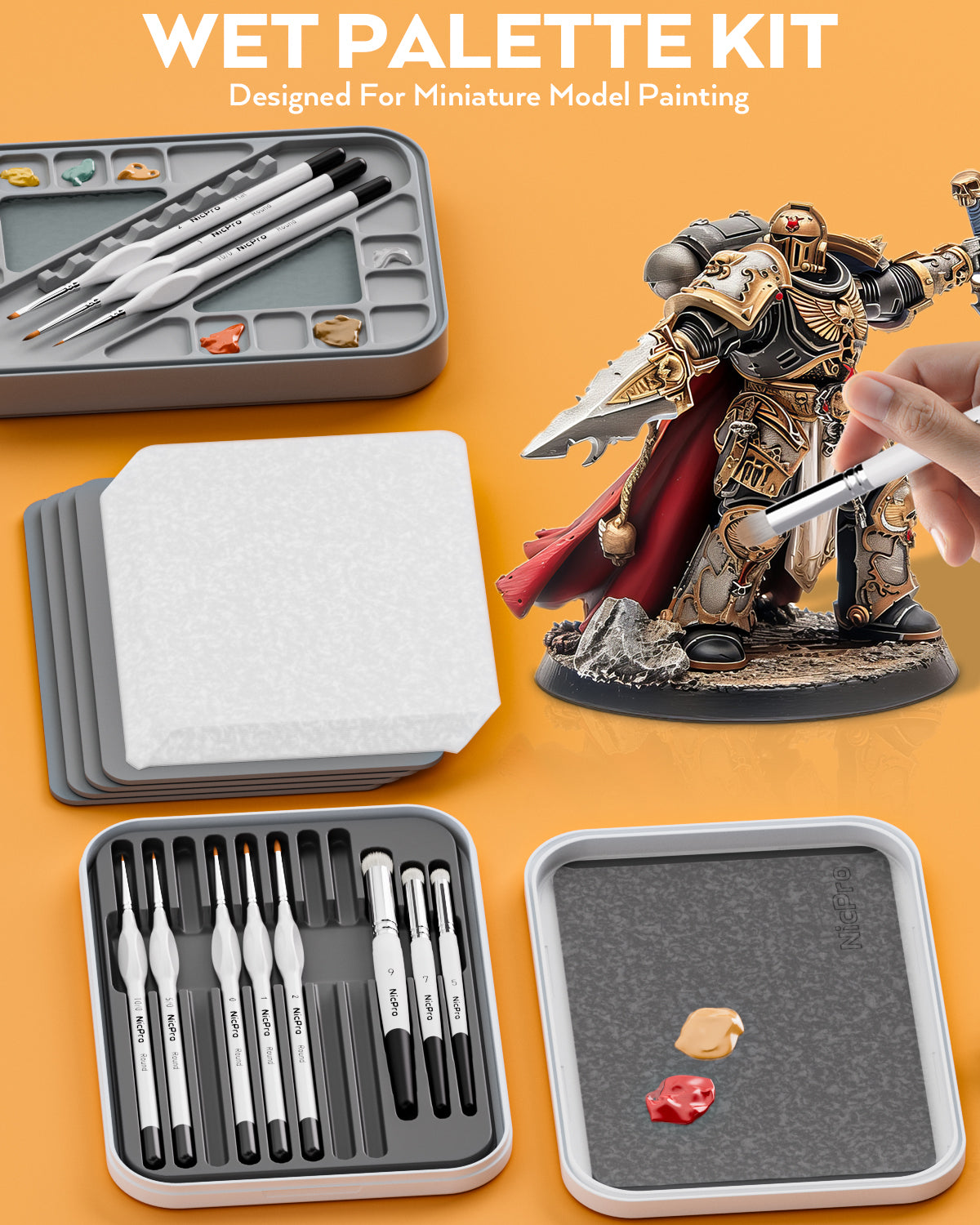 Nicpro Miniature Painting Kit with Wet Palette & 11PCS Detail Paint Brushes Drybrush, 100PCS Wet Pallet Paper, 4PCS Sponge, Brush Holder Mixing Paint Saver Palette for Miniature Model Painting