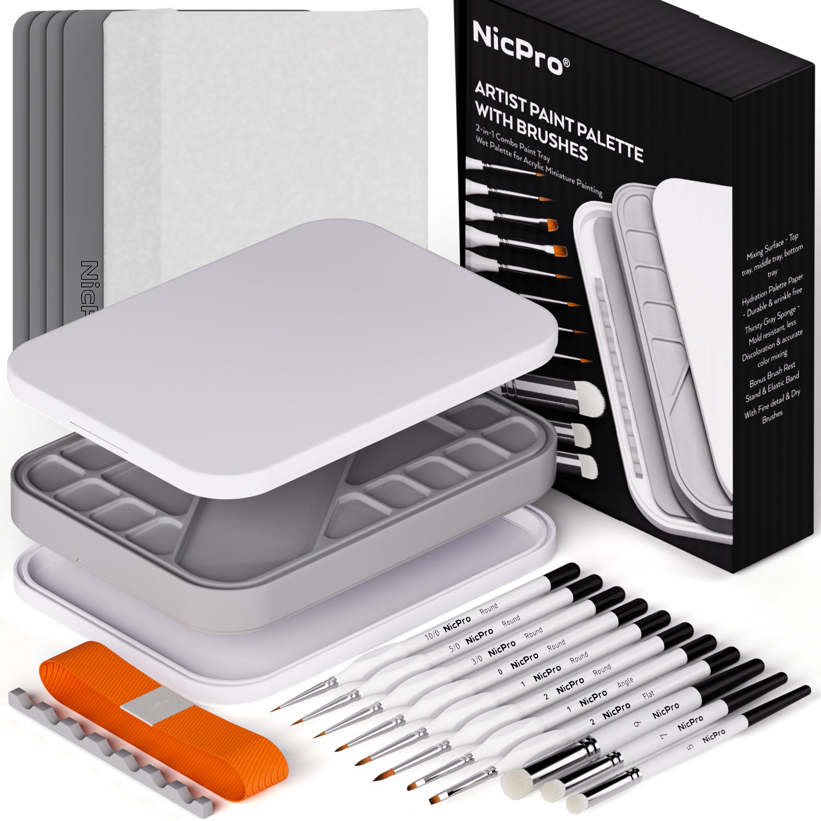 Nicpro Miniature Painting Kit with Wet Palette & 11PCS Detail Paint Brushes Drybrush, 100PCS Wet Pallet Paper, 4PCS Sponge, Brush Holder Mixing Paint Saver Palette for Miniature Model Painting