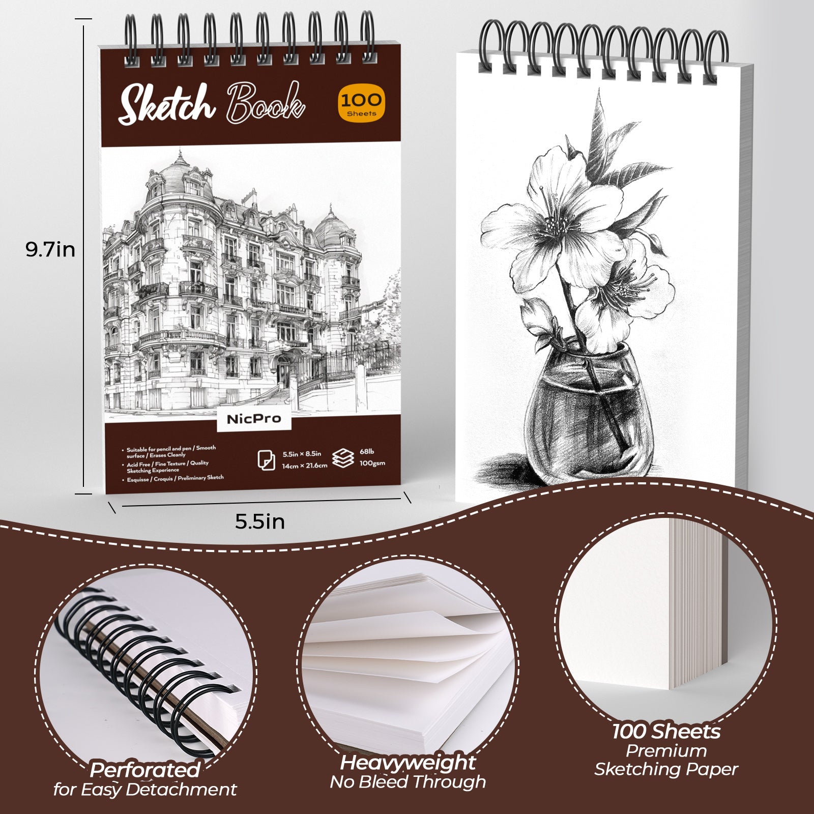Nicpro 58 PCS Art Drawing Supplies Kit in Leather Case, Art Mechanical Pencil Set with 6 Metal Drafting Pencil 0.5 & 0.7 & 0.9 & 2mm, 12 Micron Pen, Sketch Book, 30 Tube Lead Refills for Sketching