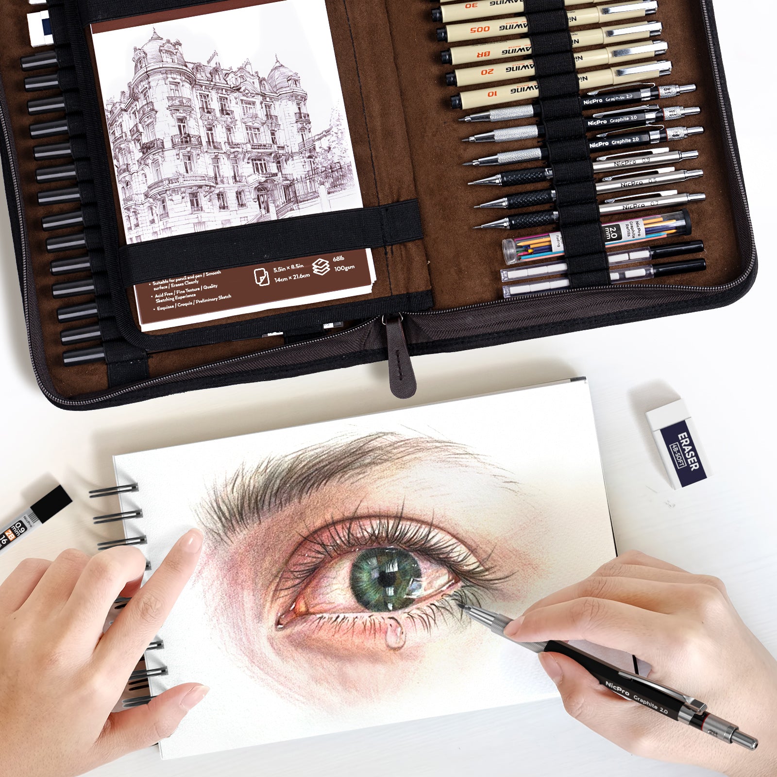 Nicpro 58 PCS Art Drawing Supplies Kit in Leather Case, Art Mechanical Pencil Set with 6 Metal Drafting Pencil 0.5 & 0.7 & 0.9 & 2mm, 12 Micron Pen, Sketch Book, 30 Tube Lead Refills for Sketching