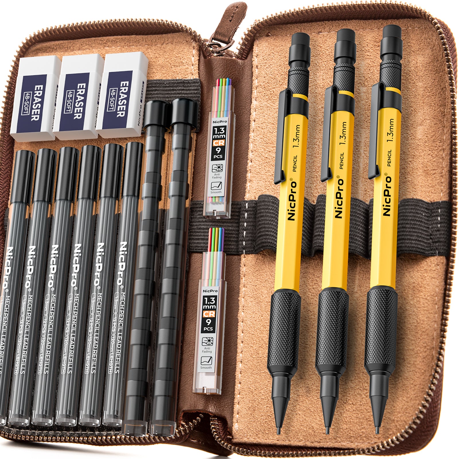 Nicpro 3PCS 1.3 mm Mechanical Pencils Set in Leather Case, with 72 Lead Refill,3 Eraser & 12 Refills, Weatherproof Metal Barrel,Heavy Duty Carpenter Pencil for Outdoor Marking Drafting Woodworking