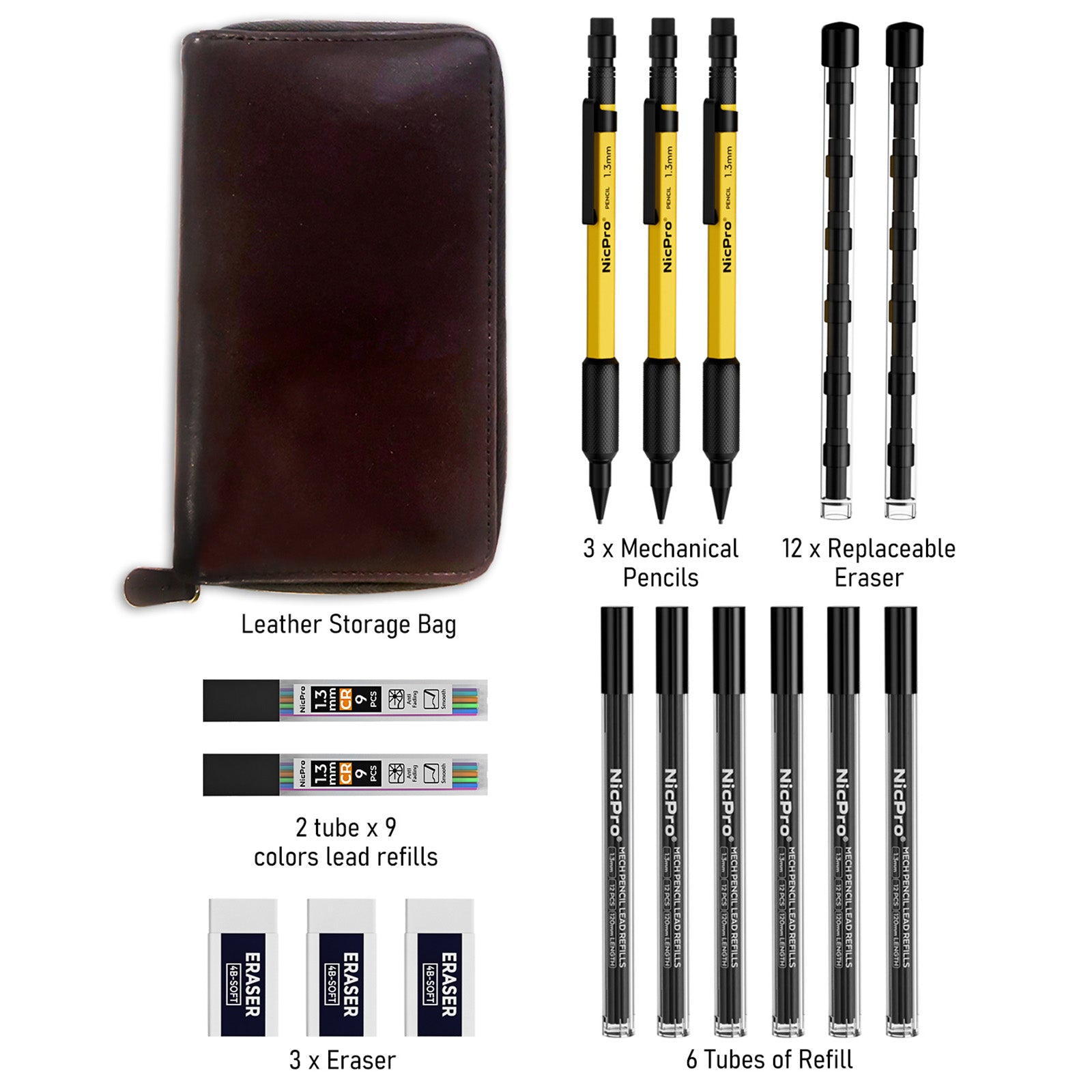 Nicpro 3PCS 1.3 mm Mechanical Pencils Set in Leather Case, with 72 Lea