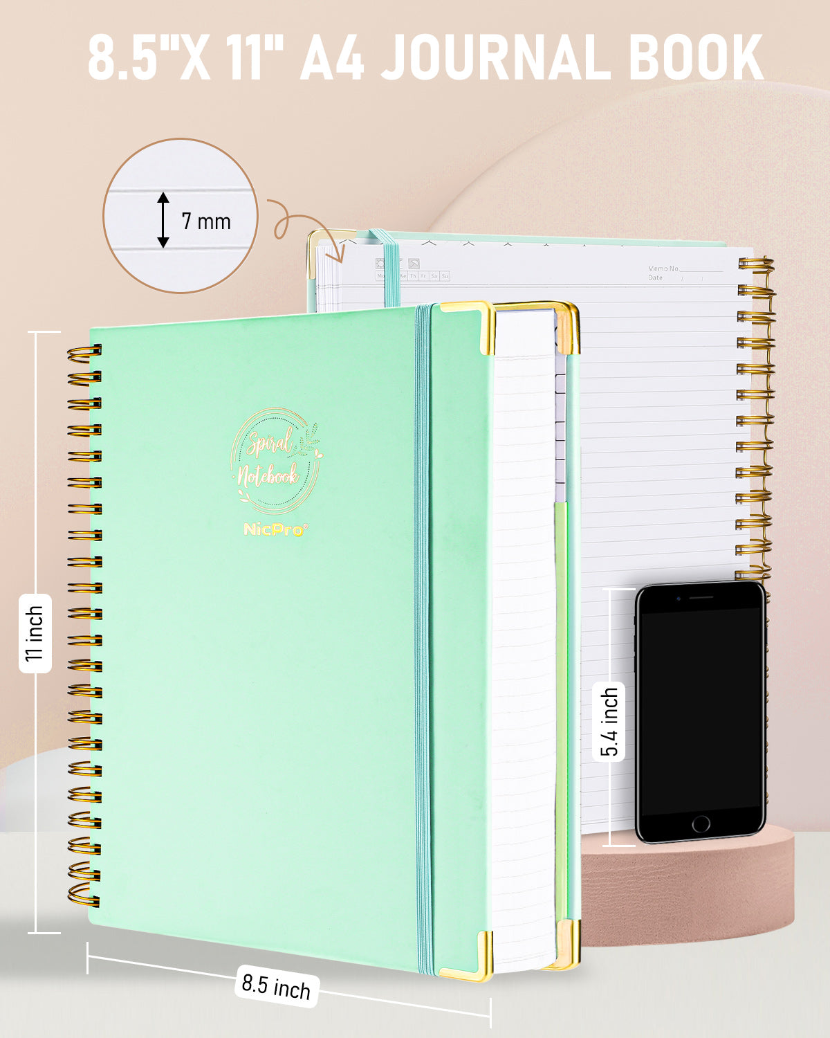 Nicpro Spiral Notebook 8.5"x 11", 300 Pages Leather Hardcover NoteBook Journals, Sea Green Coil College Ruled Notebook with 60pcs Index Tabs for Women Men, A4 Large Lined Journal with 100 GSM Thick Paper for Work School Note Taking Business