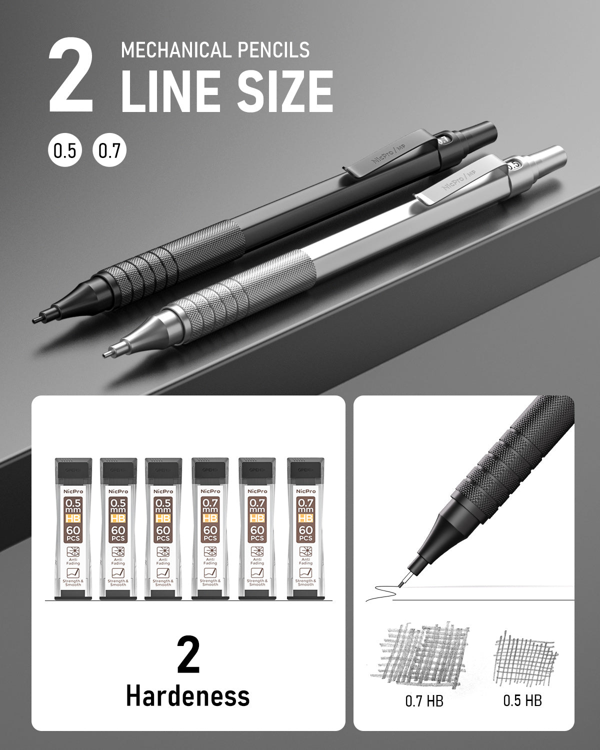 Nicpro 2 PCS Mechanical Pencils 0.5mm & 0.7 mm with Case, MP1000 Metal Artist Pencil Set with 6 Tubes HB Lead Refills, 3 Erasers, 9 Eraser Refills For Art Writing Drafting Drawing, Black & Silver