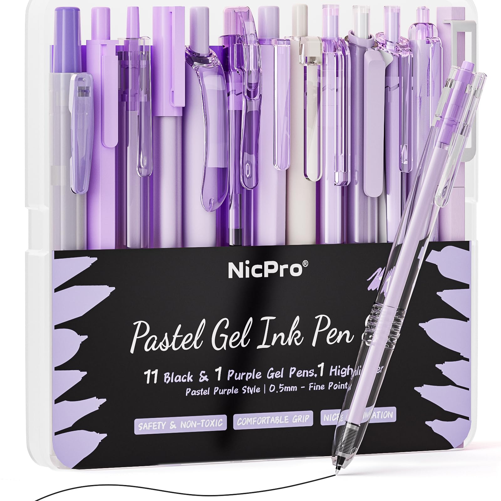 Nicpro 13PCS Pastel Gel Ink Pen Set with Case, Cute Retractable 0.5mm Fine Point 12PCS Black Ink Pens with 1 Highlighter, Aesthetic Pens for School, Student Note Taking,Writing,Office Supplies(Purple)
