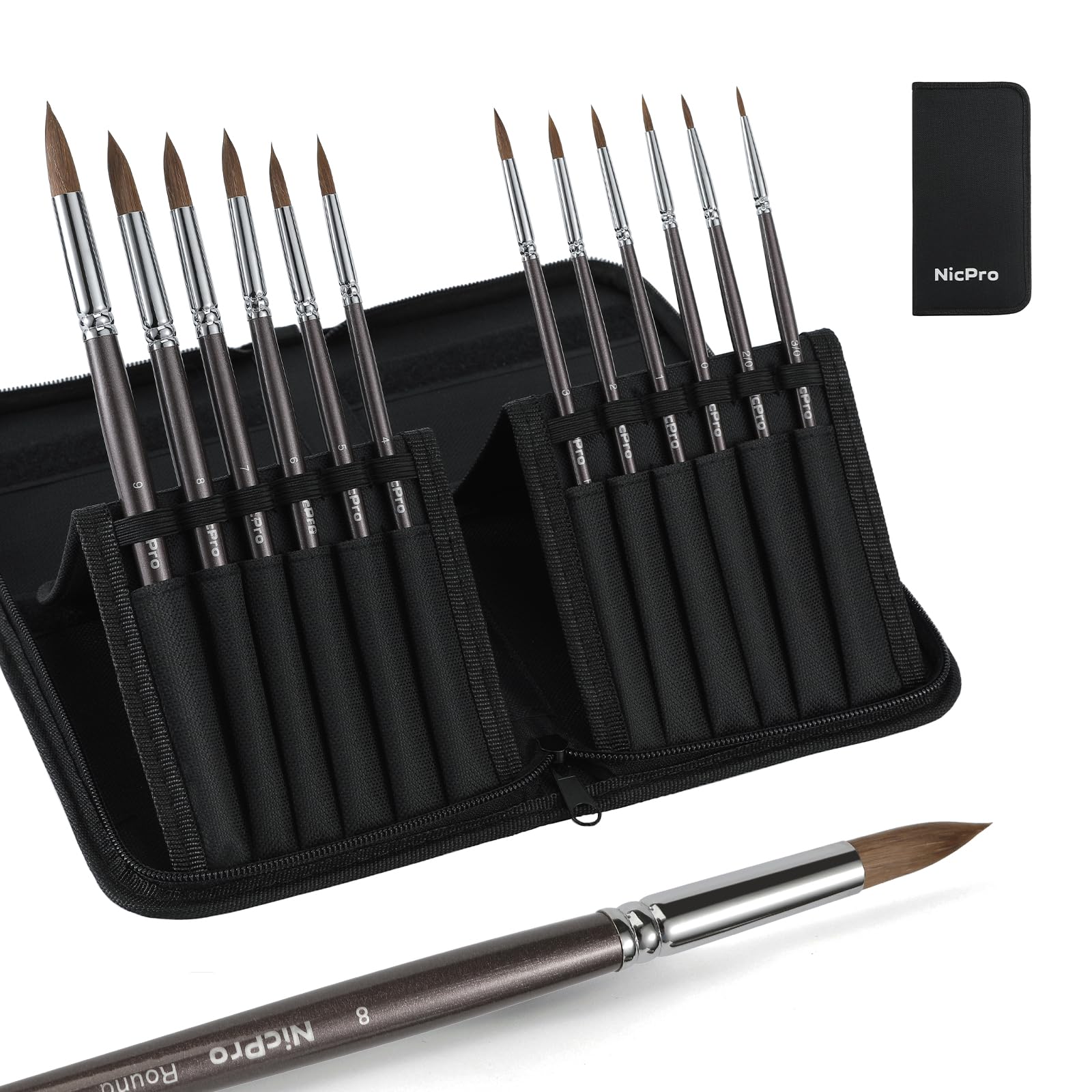 Nicpro Sable Watercolor Brushes Set Professional, 12 PCS Artist Paint Brushes Kolinsky Sable Round Pointed Fine to Mop for Art Painting Watercolor, Acrylic, Gouache, Ink with Pop Up Nylon Case