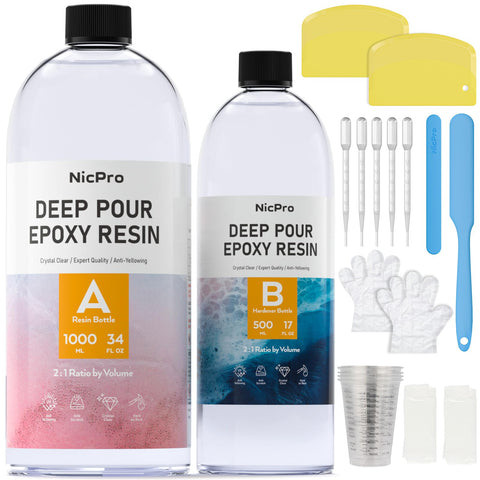 Nicpro 51OZ Deep Pour Epoxy Resin Kit, 2 to 4 Inch Depth Clear Epoxy Resin 2:1 for Craft River Tables, Wood Filler, Bar Top, Coating, Casting, Pigment with Mixing Cups, Sticks, Gloves