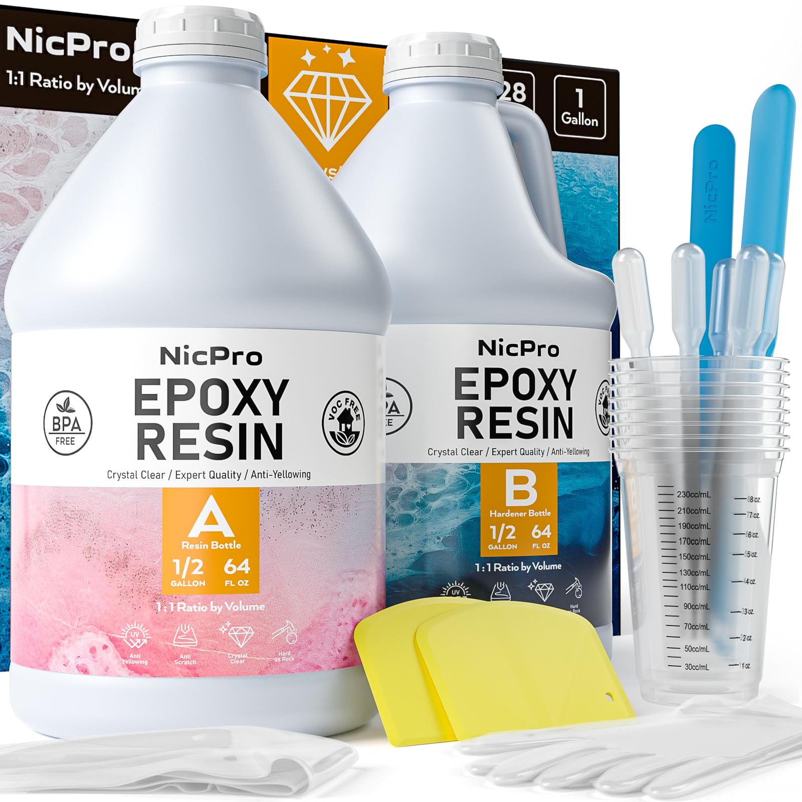 Nicpro 1 Gallon Crystal Clear Epoxy Resin Kit, High Gloss & Bubbles Free Resin Supplies for Art Coating and Casting, Craft DIY, Wood, Tabletop, Bar Top, Molds, River Tables with Cups, Sticks, Gloves