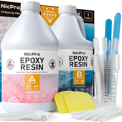 Nicpro 1 Gallon Crystal Clear Epoxy Resin Kit, High Gloss & Bubbles Free Resin Supplies for Art Coating and Casting, Craft DIY, Wood, Tabletop, Bar Top, Molds, River Tables with Cups, Sticks, Gloves